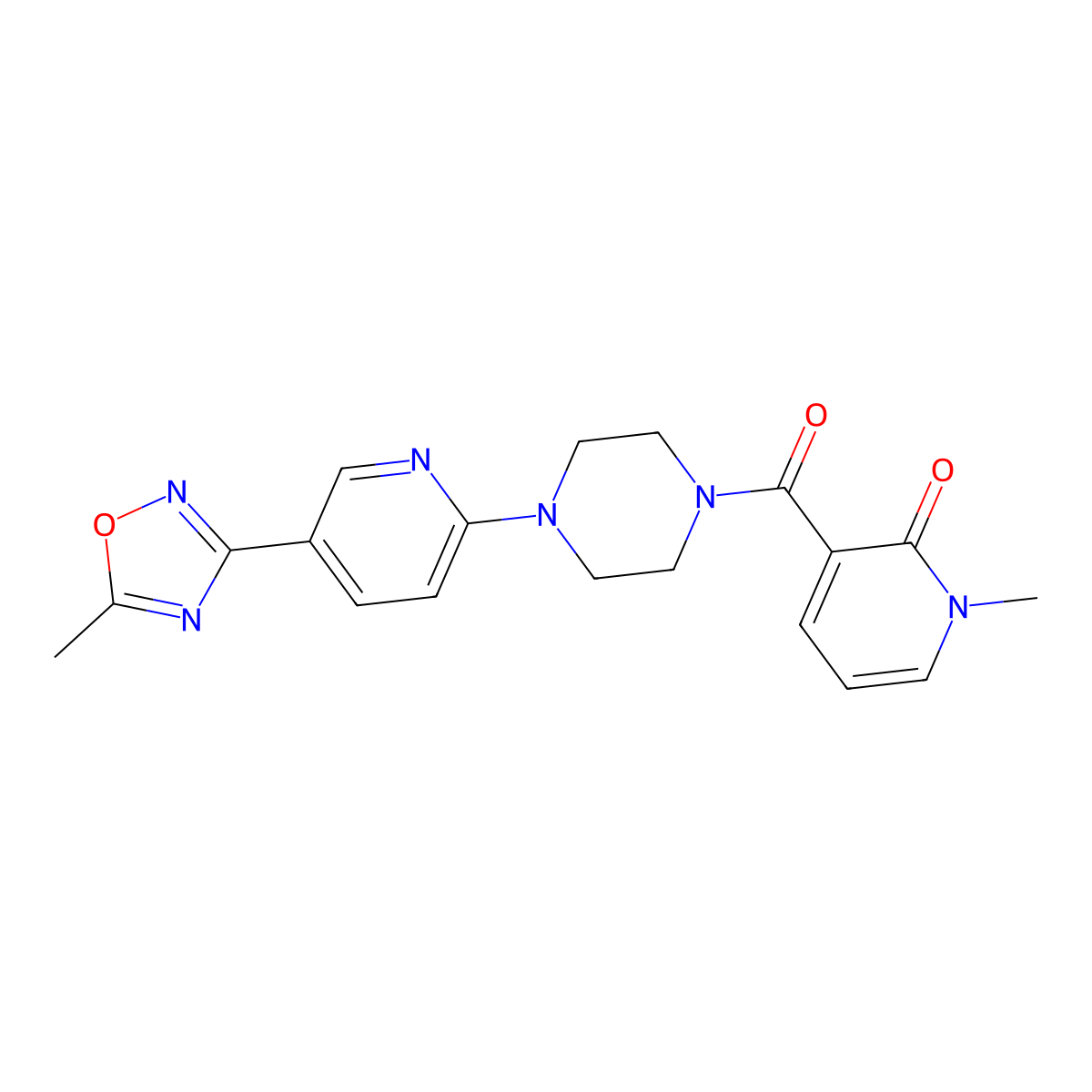 1-methyl-3-(4-(5-(5-methyl-1,2,4-oxadiazol-3-yl)pyridin-2-yl)piperazine-1-carbonyl)pyridin-2(1H)-one molecular structure, CAS 1234925-64-4