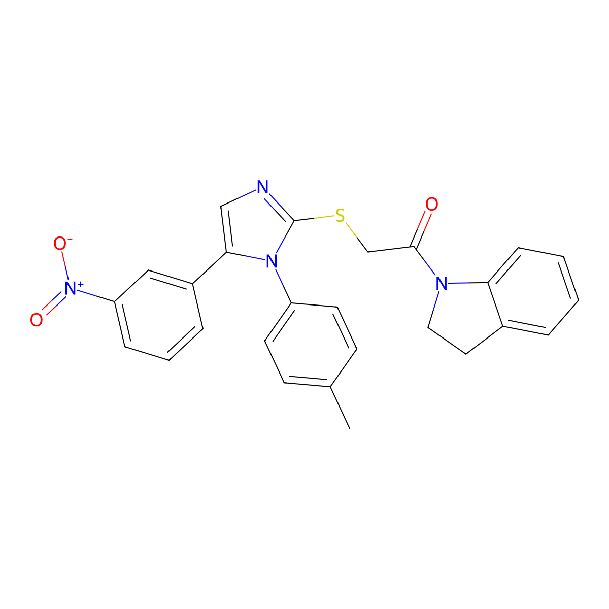 1-(indolin-1-yl)-2-((5-(3-nitrophenyl)-1-(p-tolyl)-1H-imidazol-2-yl)thio)ethanone molecular structure, CAS 1234925-87-1
