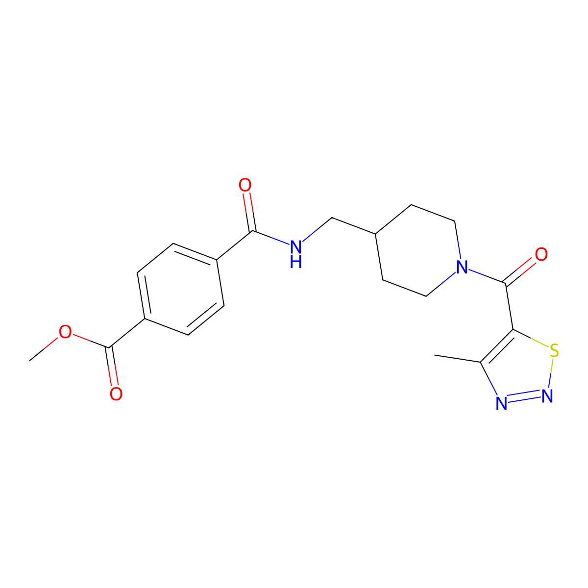 Methyl 4-(((1-(4-methyl-1,2,3-thiadiazole-5-carbonyl)piperidin-4-yl)methyl)carbamoyl)benzoate molecular structure, CAS 1234926-07-8