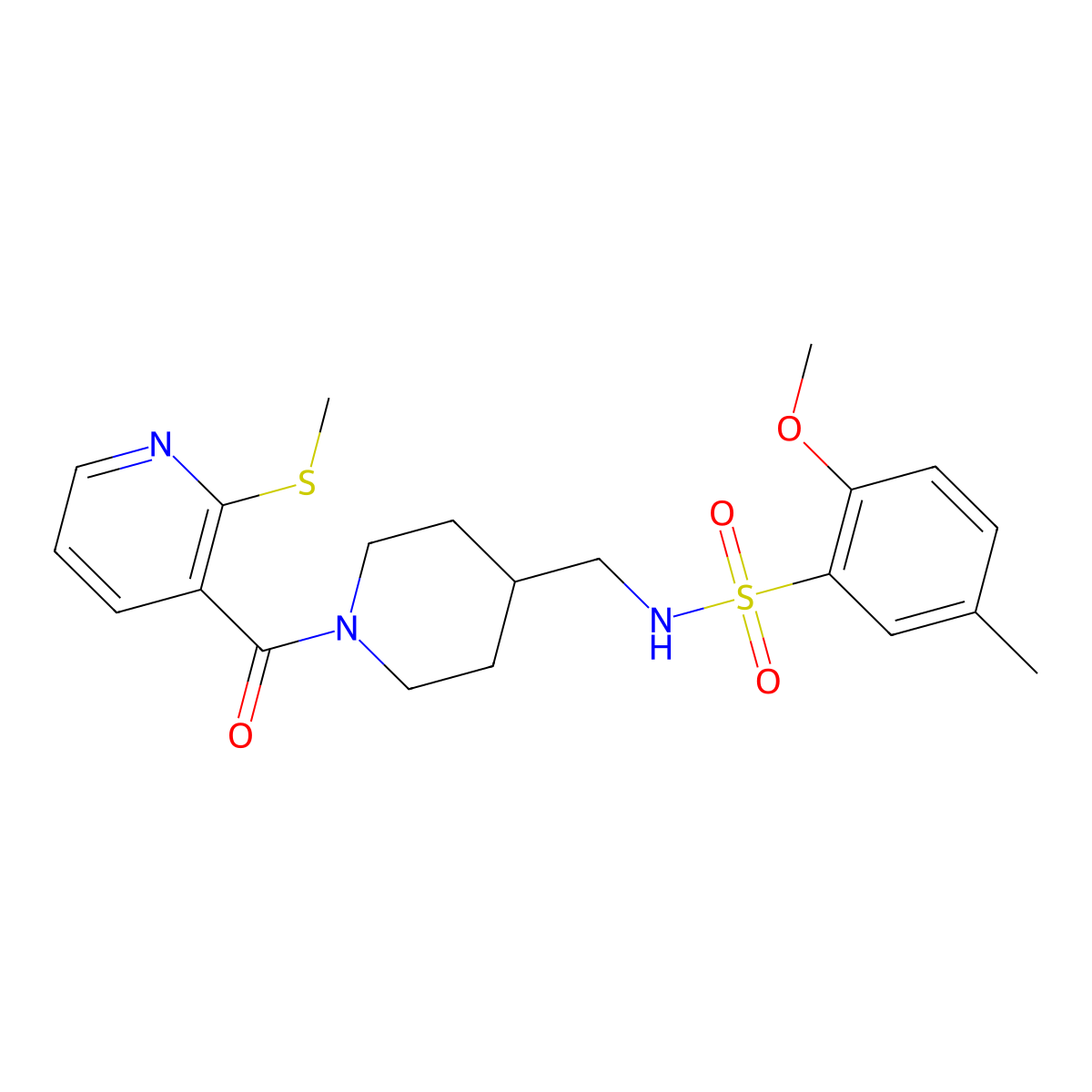 2-methoxy-5-methyl-N-((1-(2-(methylthio)nicotinoyl)piperidin-4-yl)methyl)benzenesulfonamide molecular structure, CAS 1234932-09-2