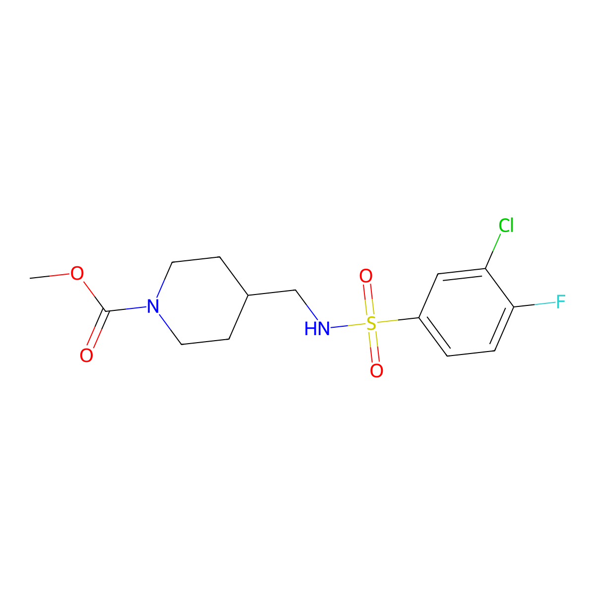 Methyl 4-((3-chloro-4-fluorophenylsulfonamido)methyl)piperidine-1-carboxylate molecular structure, CAS 1234932-27-4
