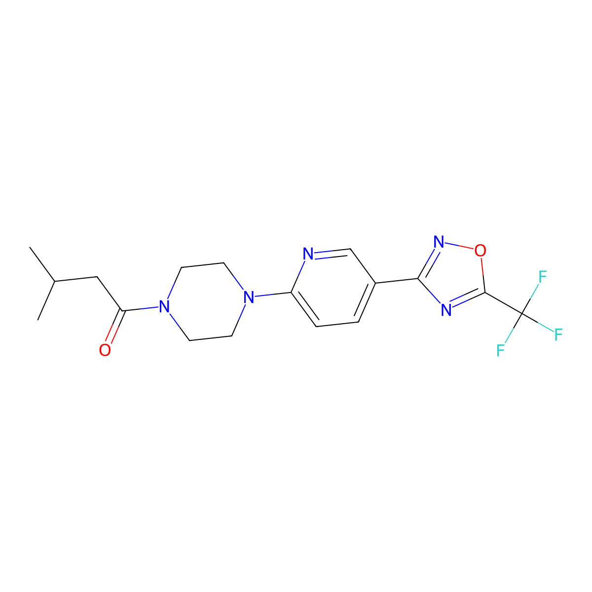 3-Methyl-1-(4-(5-(5-(trifluoromethyl)-1,2,4-oxadiazol-3-yl)pyridin-2-yl)piperazin-1-yl)butan-1-one molecular structure, CAS 1234936-12-9