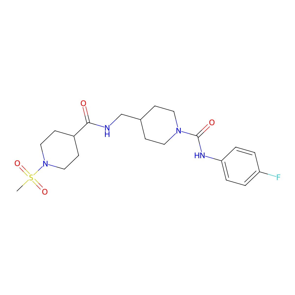 N-(4-fluorophenyl)-4-((1-(methylsulfonyl)piperidine-4-carboxamido)methyl)piperidine-1-carboxamide molecular structure, CAS 1234937-15-5