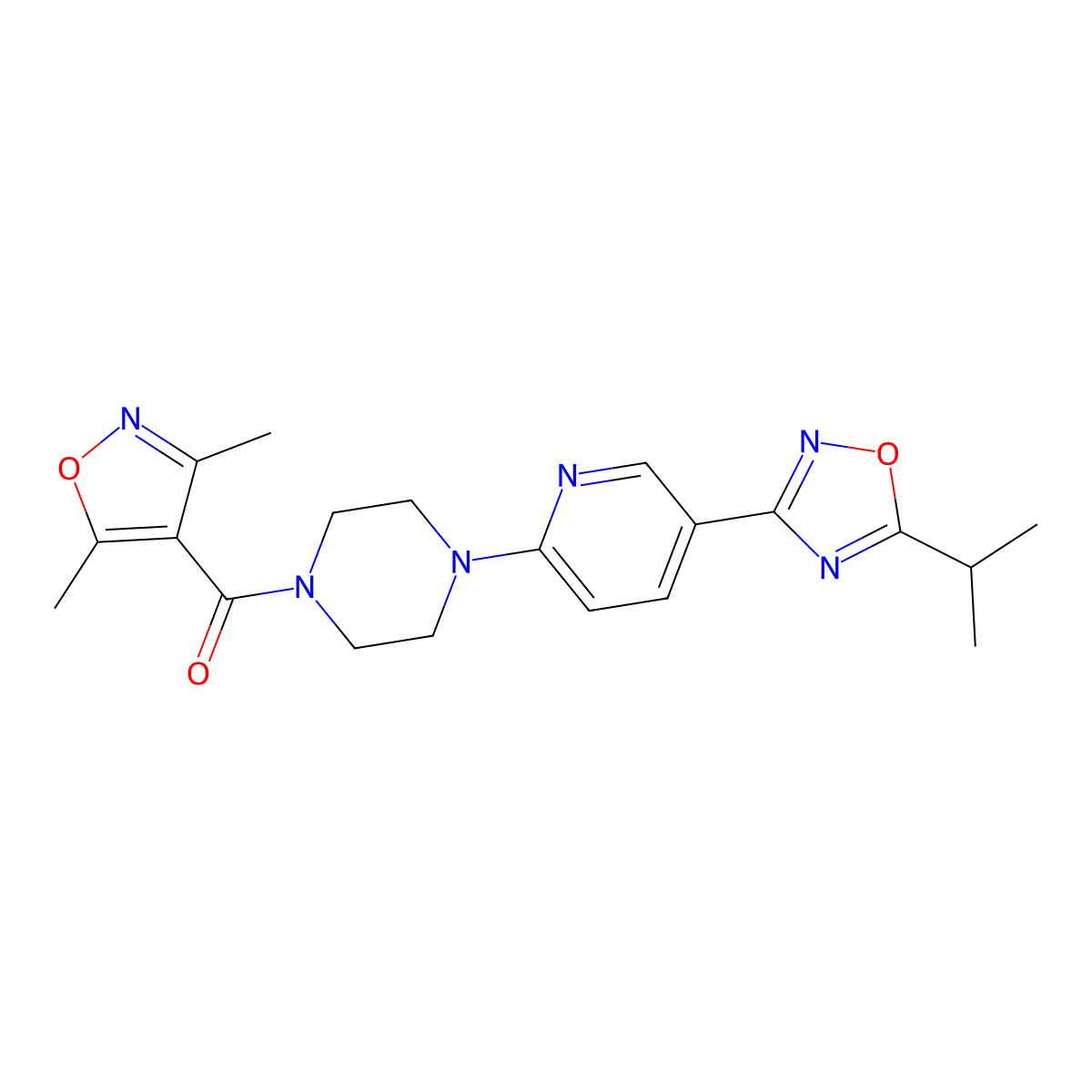 (3,5-Dimethylisoxazol-4-yl)(4-(5-(5-isopropyl-1,2,4-oxadiazol-3-yl)pyridin-2-yl)piperazin-1-yl)methanone molecular structure, CAS 1234937-91-7