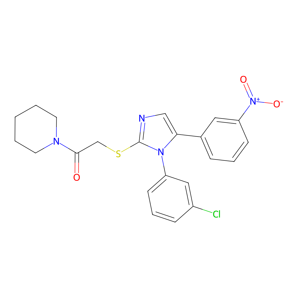 2-((1-(3-chlorophenyl)-5-(3-nitrophenyl)-1H-imidazol-2-yl)thio)-1-(piperidin-1-yl)ethanone molecular structure, CAS 1234938-17-0