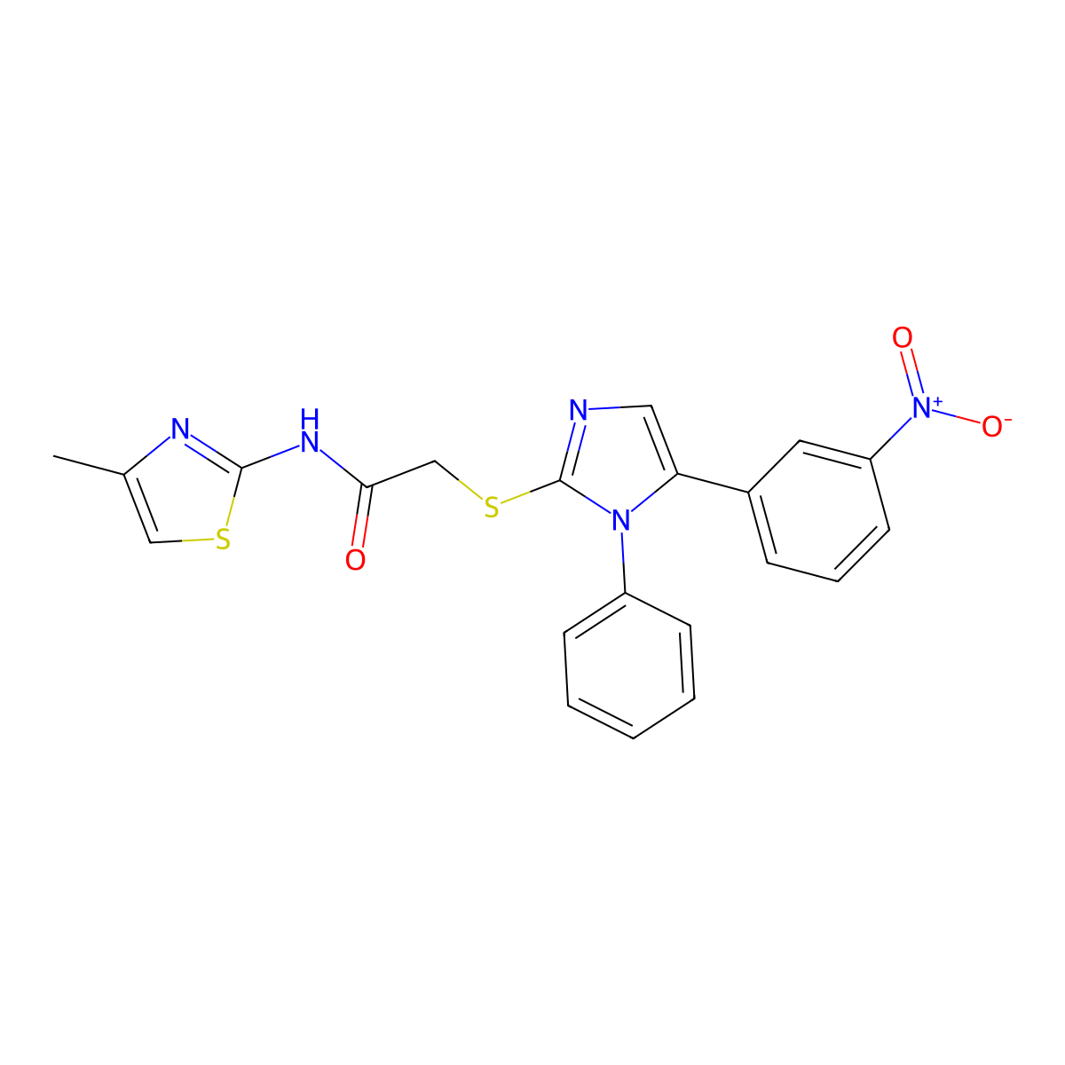 N-(4-methylthiazol-2-yl)-2-((5-(3-nitrophenyl)-1-phenyl-1H-imidazol-2-yl)thio)acetamide molecular structure, CAS 1234940-56-7