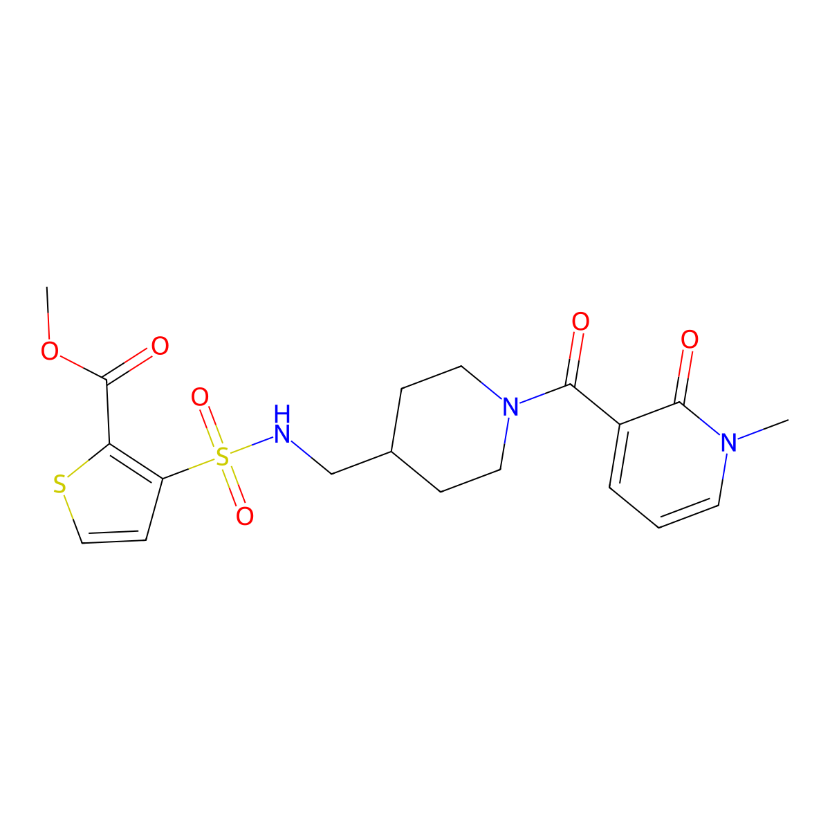 methyl 3-(N-((1-(1-methyl-2-oxo-1,2-dihydropyridine-3-carbonyl)piperidin-4-yl)methyl)sulfamoyl)thiophene-2-carboxylate molecular structure, CAS 1234941-08-2