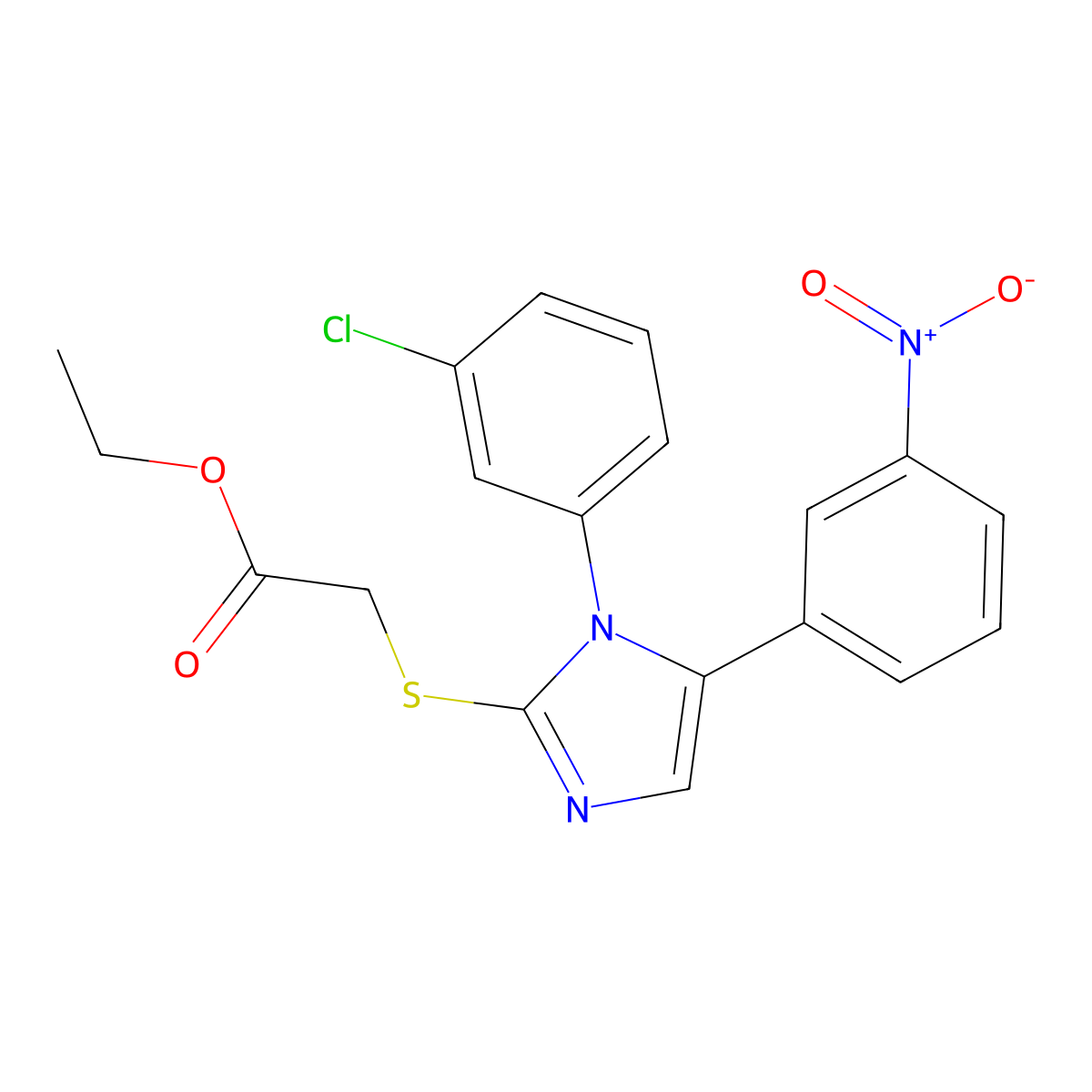 ethyl 2-((1-(3-chlorophenyl)-5-(3-nitrophenyl)-1H-imidazol-2-yl)thio)acetate molecular structure, CAS 1234945-06-2