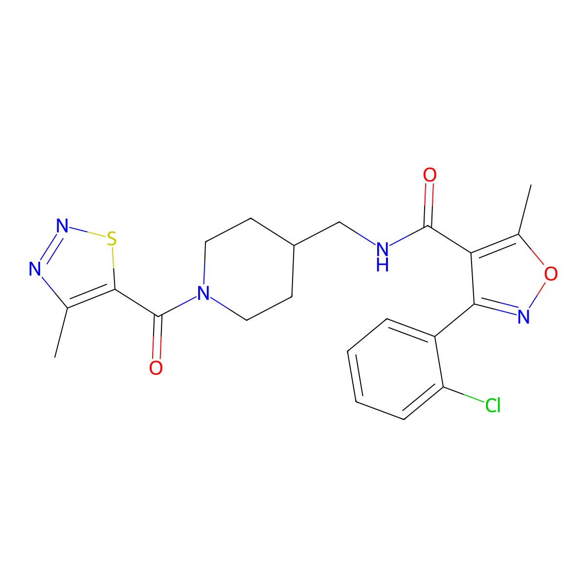 3-(2-chlorophenyl)-5-methyl-N-((1-(4-methyl-1,2,3-thiadiazole-5-carbonyl)piperidin-4-yl)methyl)isoxazole-4-carboxamide molecular structure, CAS 1234947-54-6