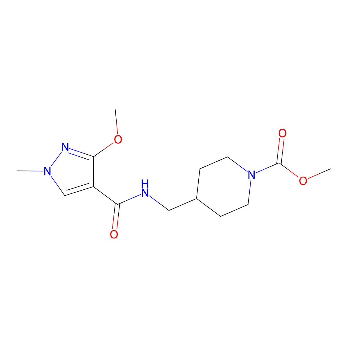 methyl 4-((3-methoxy-1-methyl-1H-pyrazole-4-carboxamido)methyl)piperidine-1-carboxylate molecular structure, CAS 1234948-03-8