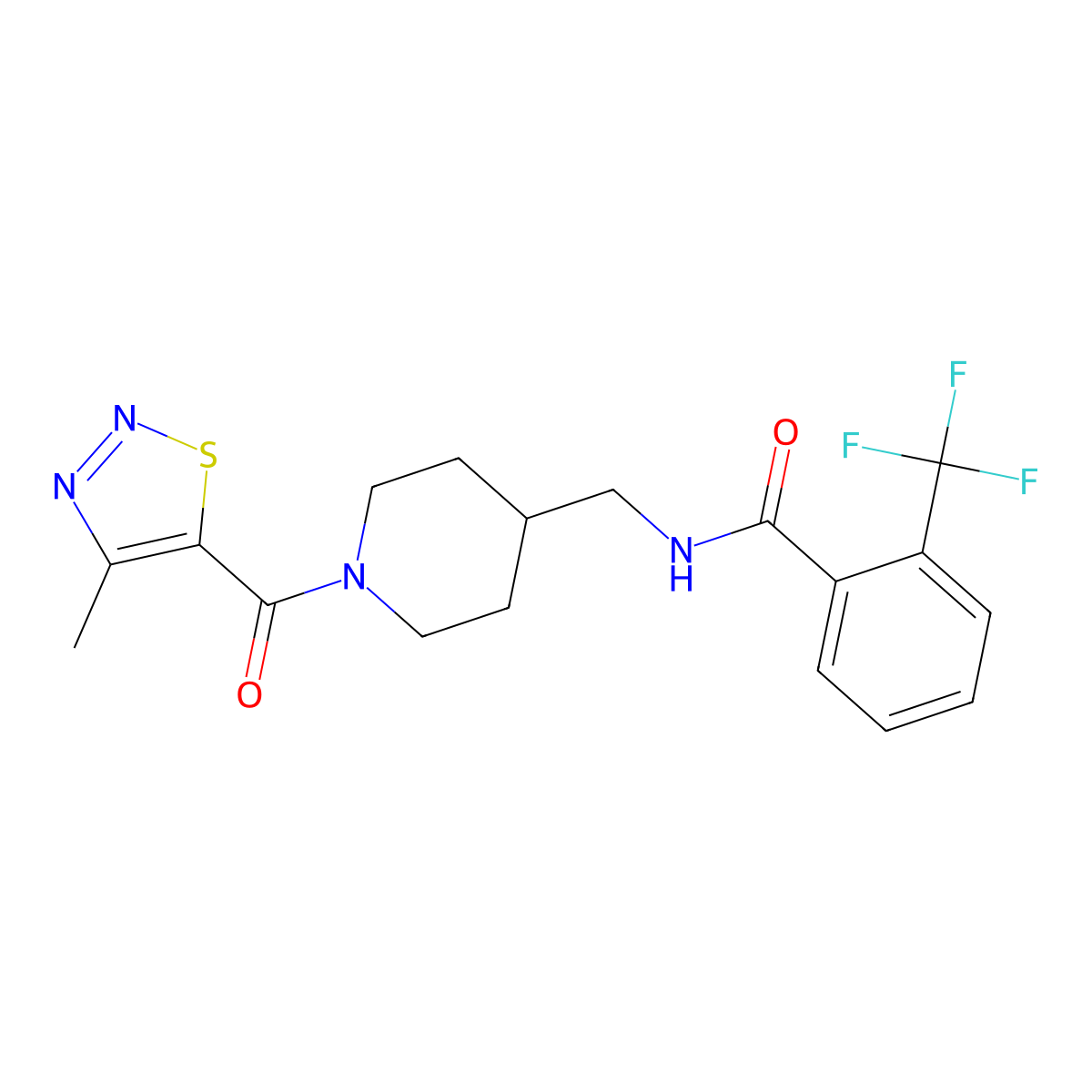 N-((1-(4-methyl-1,2,3-thiadiazole-5-carbonyl)piperidin-4-yl)methyl)-2-(trifluoromethyl)benzamide molecular structure, CAS 1234950-60-7