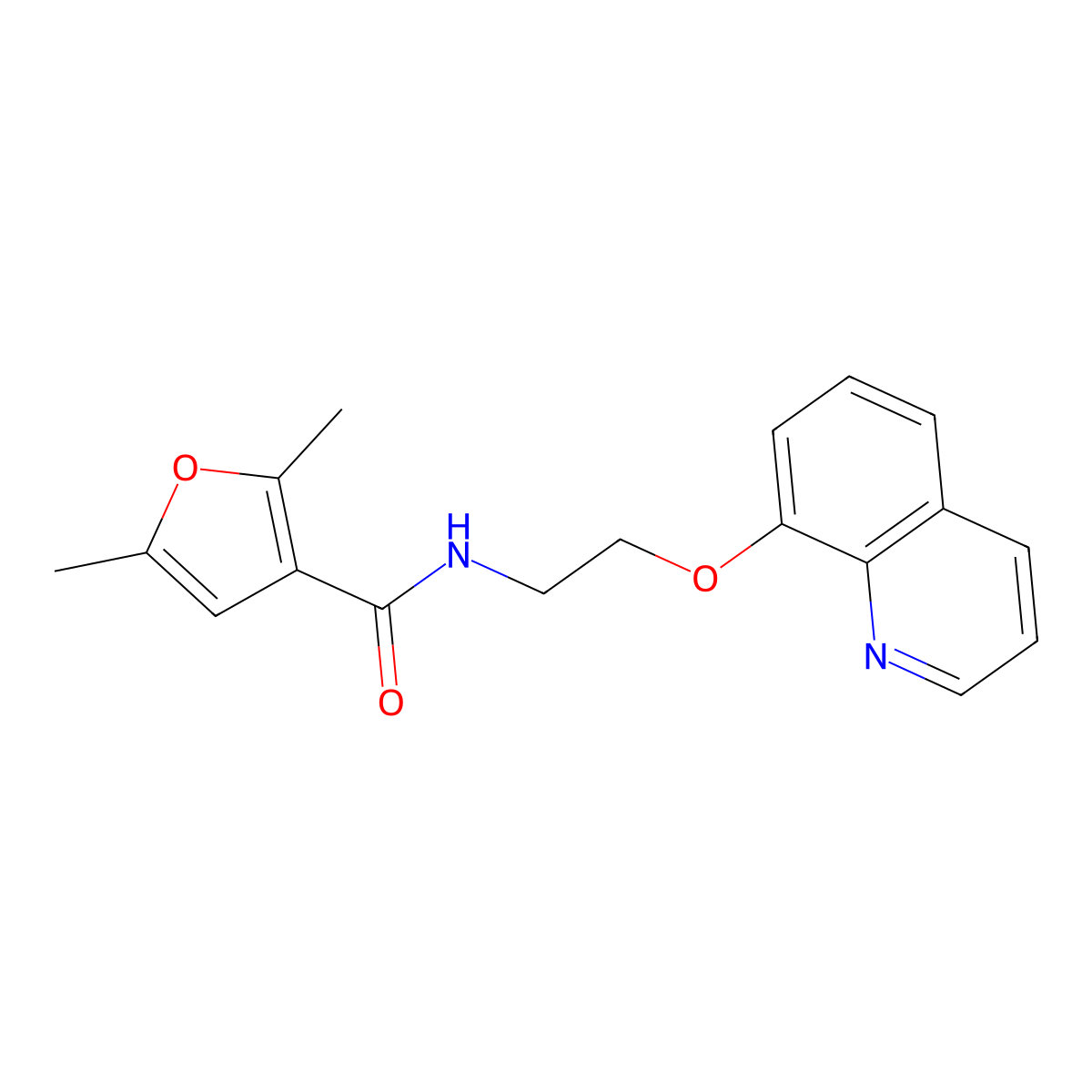 2,5-dimethyl-N-(2-(quinolin-8-yloxy)ethyl)furan-3-carboxamide molecular structure, CAS 1234951-00-8