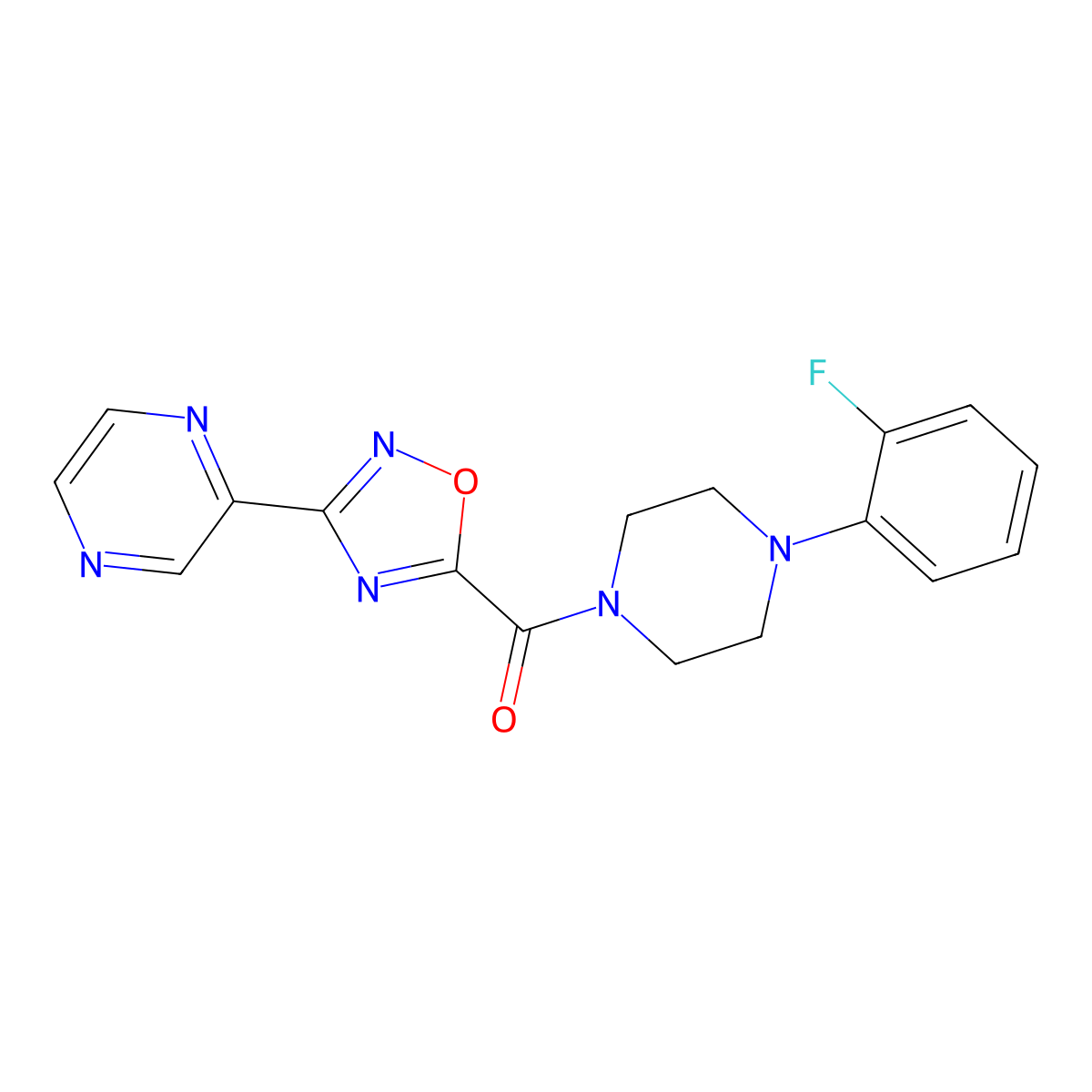 (4-(2-Fluorophenyl)piperazin-1-yl)(3-(pyrazin-2-yl)-1,2,4-oxadiazol-5-yl)methanone molecular structure, CAS 1234951-41-7
