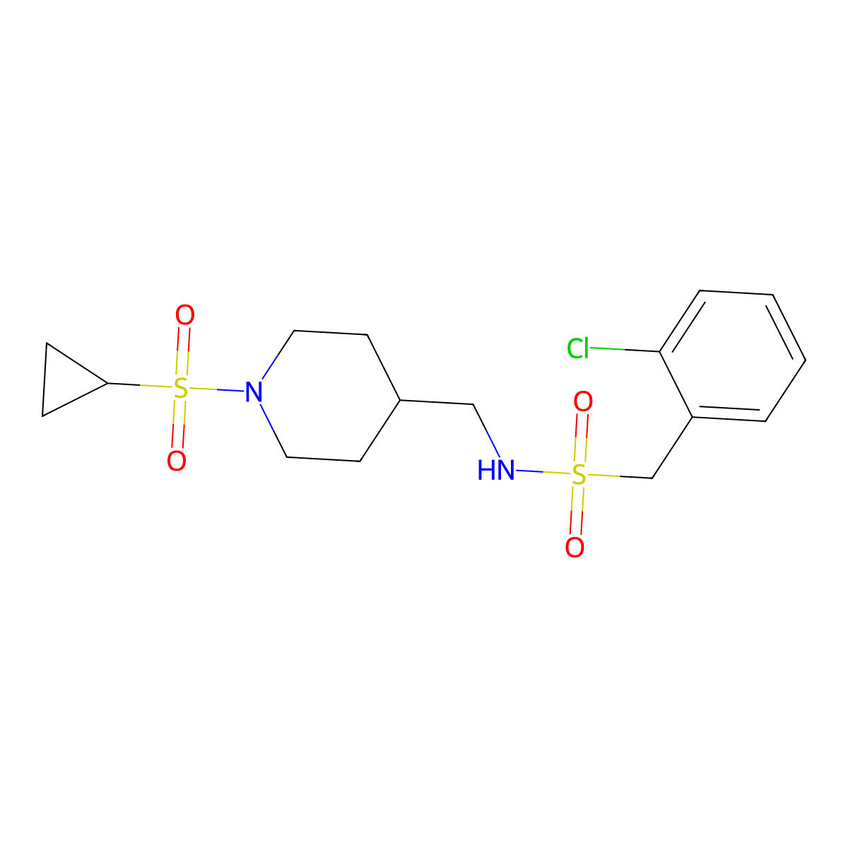 1-(2-chlorophenyl)-N-((1-(cyclopropylsulfonyl)piperidin-4-yl)methyl)methanesulfonamide molecular structure, CAS 1234953-28-6