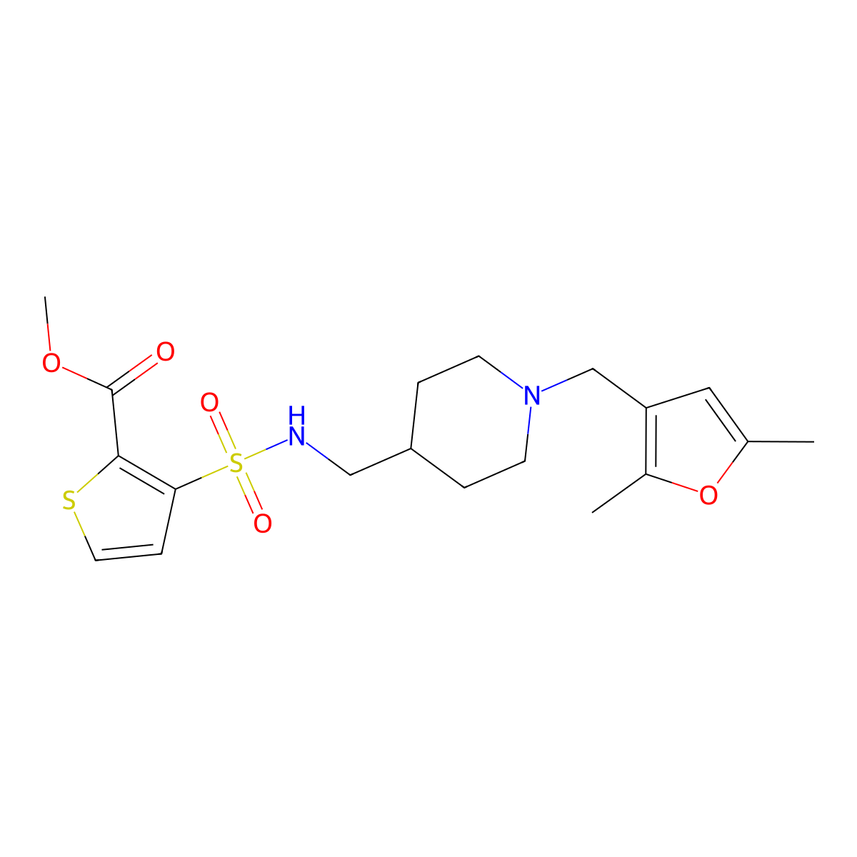 methyl 3-(N-((1-((2,5-dimethylfuran-3-yl)methyl)piperidin-4-yl)methyl)sulfamoyl)thiophene-2-carboxylate molecular structure, CAS 1234953-38-8