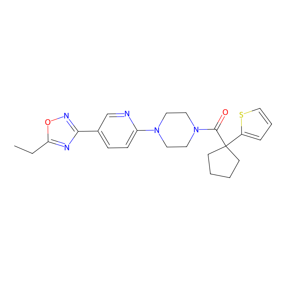 (4-(5-(5-Ethyl-1,2,4-oxadiazol-3-yl)pyridin-2-yl)piperazin-1-yl)(1-(thiophen-2-yl)cyclopentyl)methanone molecular structure, CAS 1234955-20-4