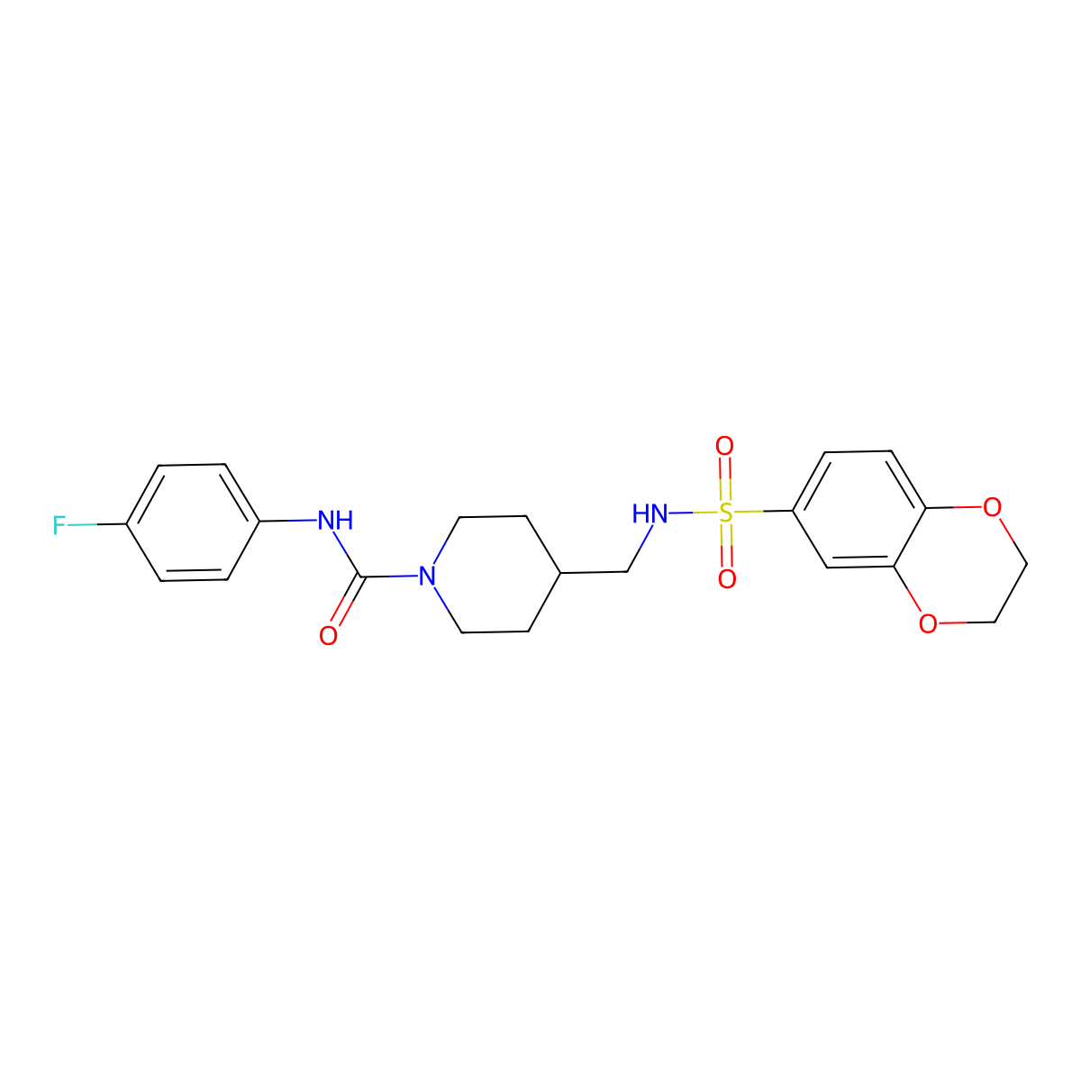 4-((2,3-dihydrobenzo[b][1,4]dioxine-6-sulfonamido)methyl)-N-(4-fluorophenyl)piperidine-1-carboxamide molecular structure, CAS 1234971-85-7