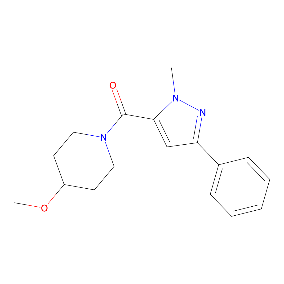 (4-methoxypiperidin-1-yl)(1-methyl-3-phenyl-1H-pyrazol-5-yl)methanone molecular structure, CAS 1234972-15-6