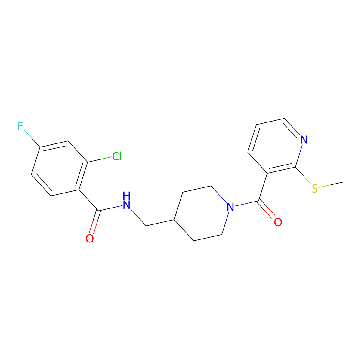2-chloro-4-fluoro-N-((1-(2-(methylthio)nicotinoyl)piperidin-4-yl)methyl)benzamide molecular structure, CAS 1234972-19-0