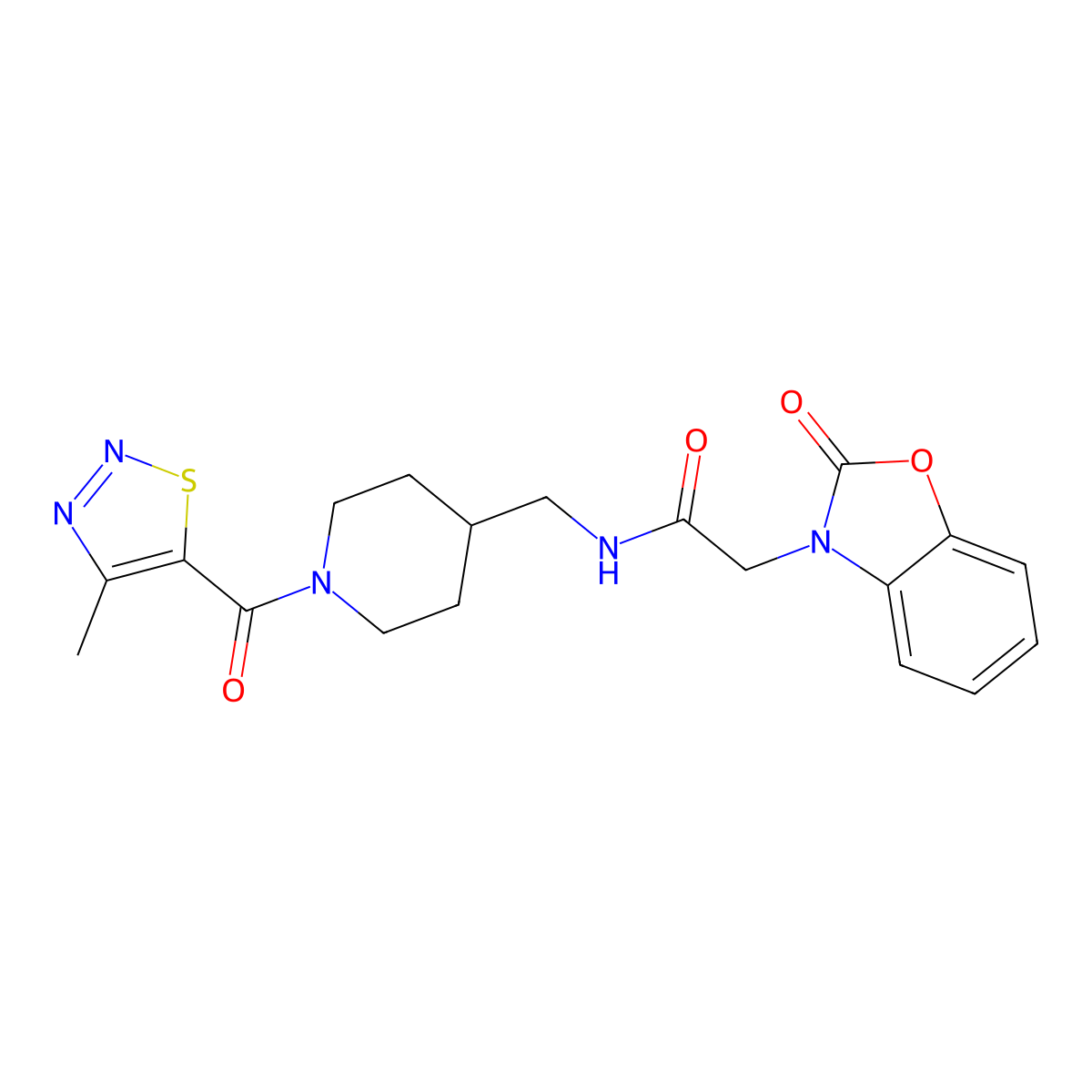 N-((1-(4-methyl-1,2,3-thiadiazole-5-carbonyl)piperidin-4-yl)methyl)-2-(2-oxobenzo[d]oxazol-3(2H)-yl)acetamide molecular structure, CAS 1234973-91-1
