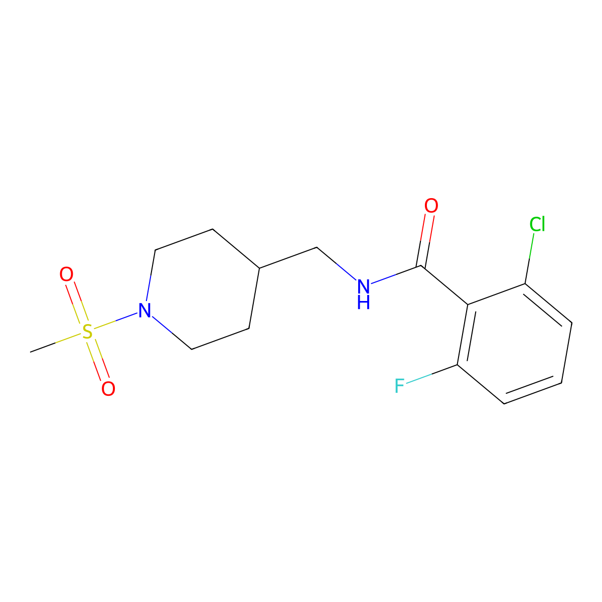 2-chloro-6-fluoro-N-((1-(methylsulfonyl)piperidin-4-yl)methyl)benzamide molecular structure, CAS 1234974-05-0