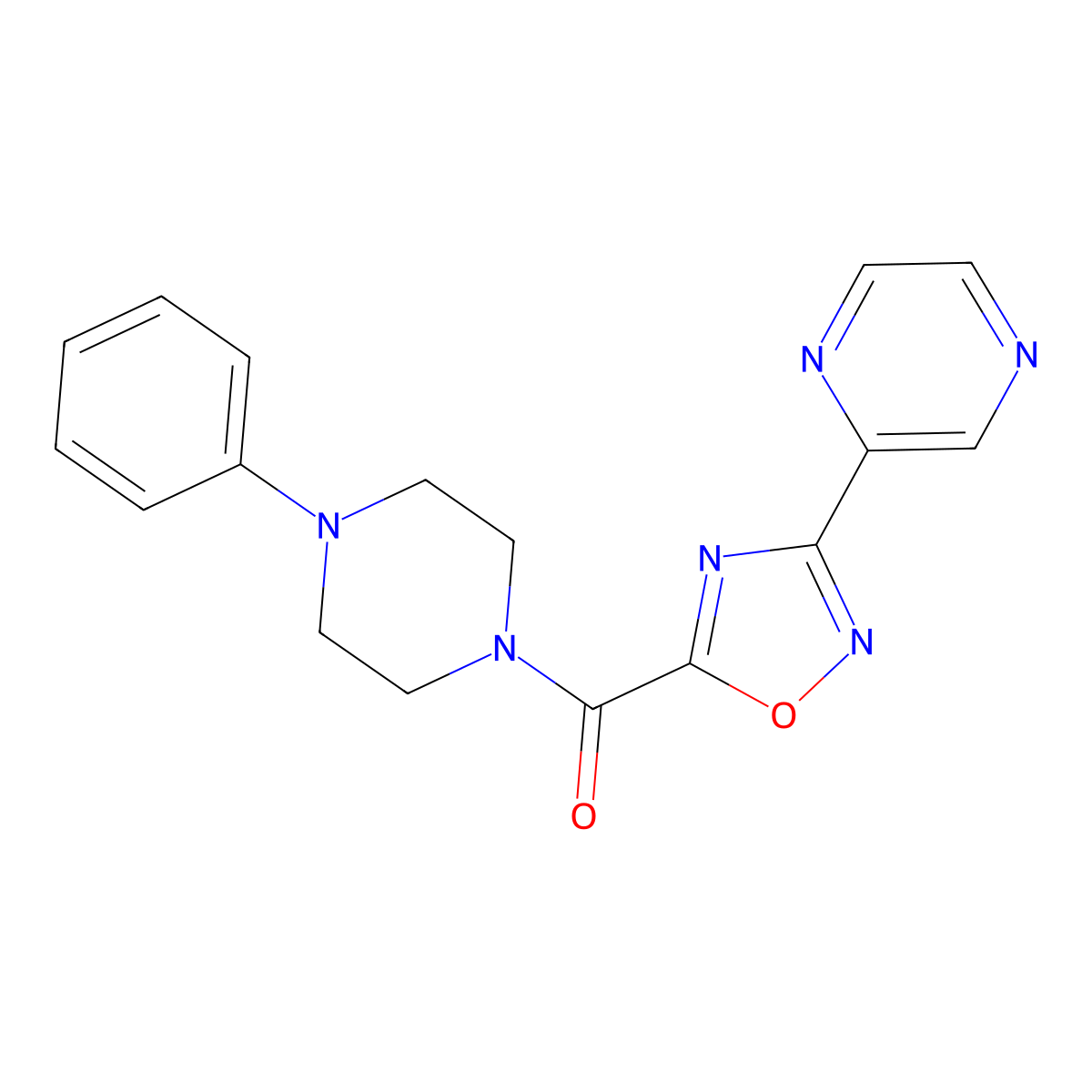 (4-Phenylpiperazin-1-yl)(3-(pyrazin-2-yl)-1,2,4-oxadiazol-5-yl)methanone molecular structure, CAS 1234975-34-8