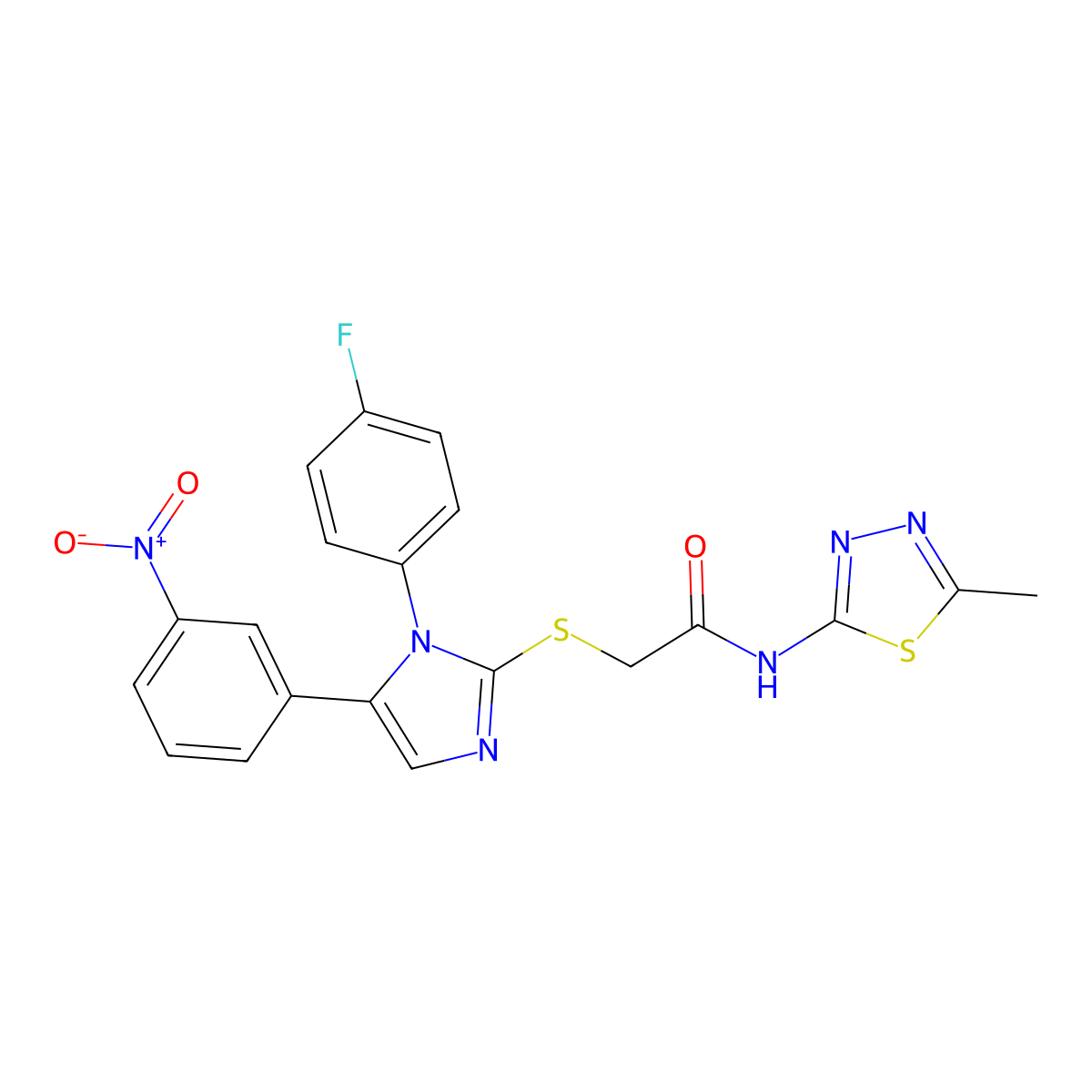 2-((1-(4-fluorophenyl)-5-(3-nitrophenyl)-1H-imidazol-2-yl)thio)-N-(5-methyl-1,3,4-thiadiazol-2-yl)acetamide molecular structure, CAS 1234975-36-0