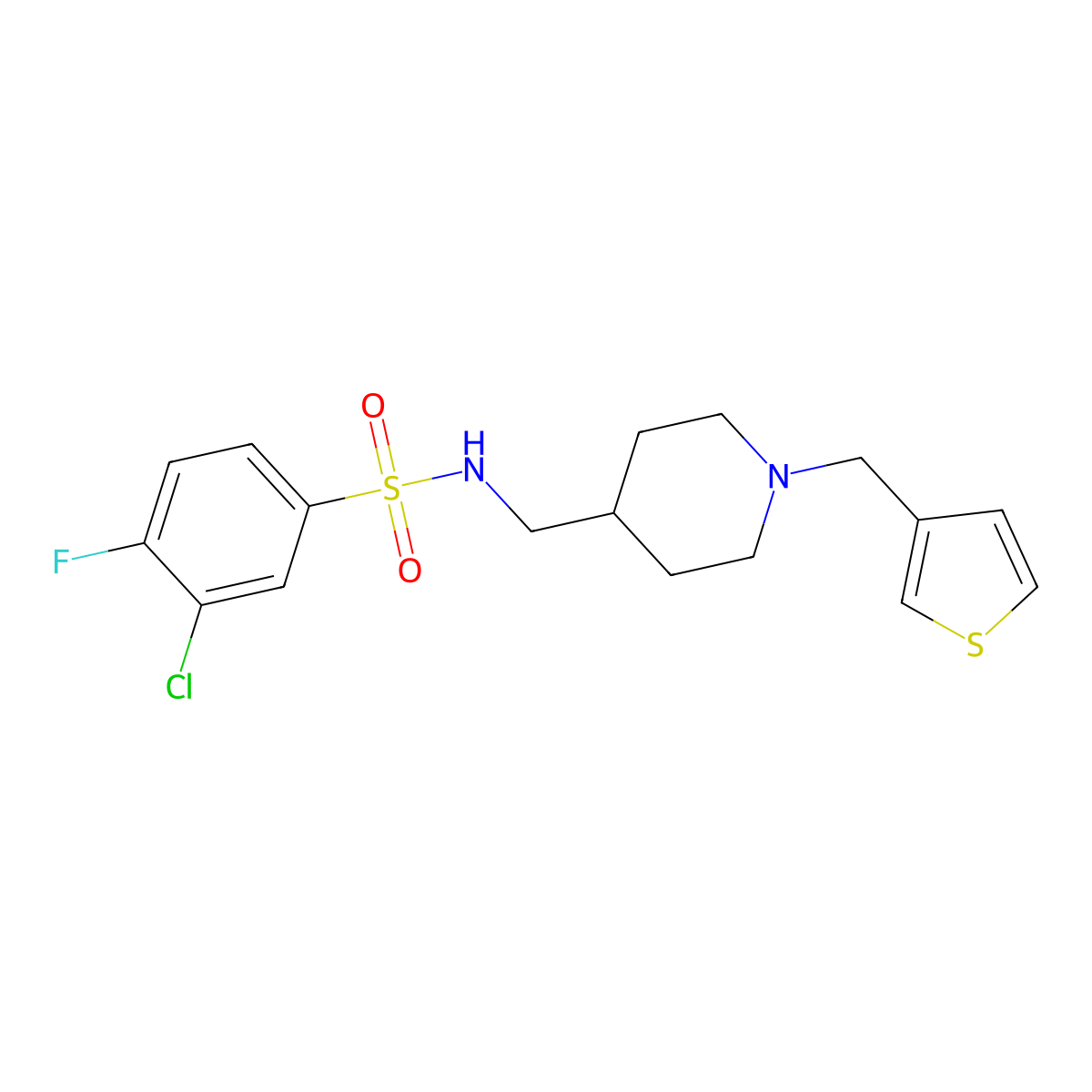 3-chloro-4-fluoro-N-((1-(thiophen-3-ylmethyl)piperidin-4-yl)methyl)benzenesulfonamide molecular structure, CAS 1234977-09-3