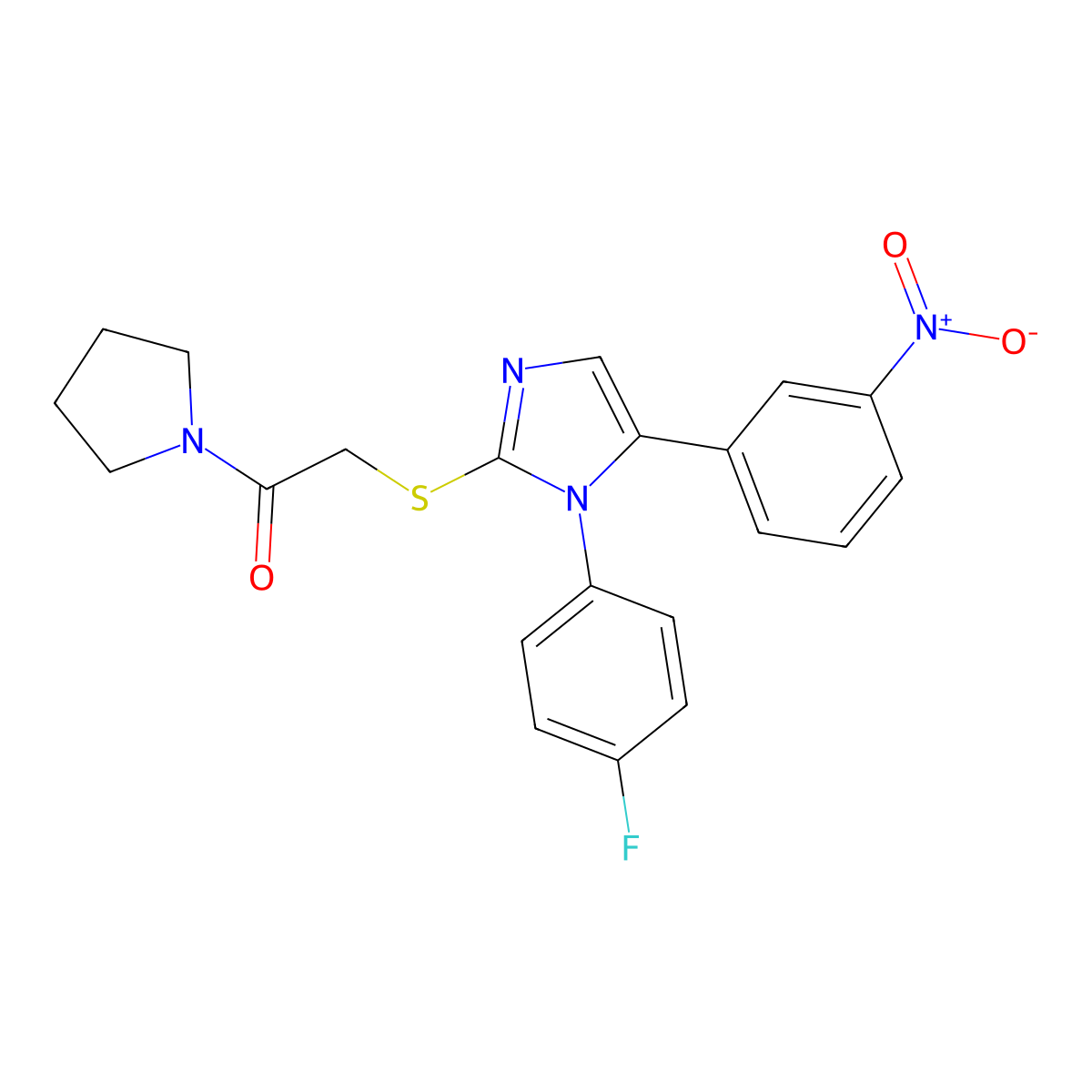 2-((1-(4-fluorophenyl)-5-(3-nitrophenyl)-1H-imidazol-2-yl)thio)-1-(pyrrolidin-1-yl)ethanone molecular structure, CAS 1234979-91-9