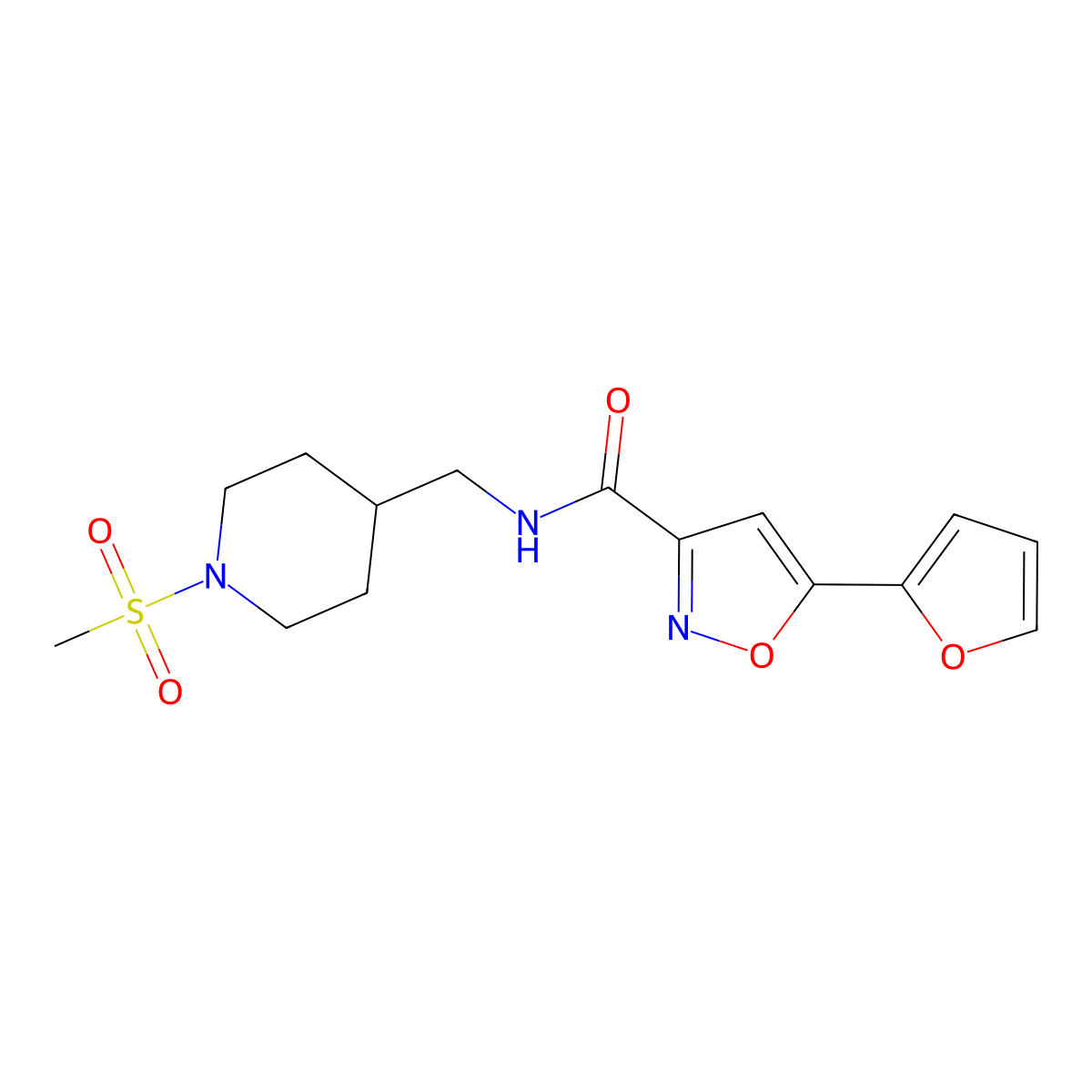 5-(furan-2-yl)-N-((1-(methylsulfonyl)piperidin-4-yl)methyl)isoxazole-3-carboxamide molecular structure, CAS 1234981-68-0