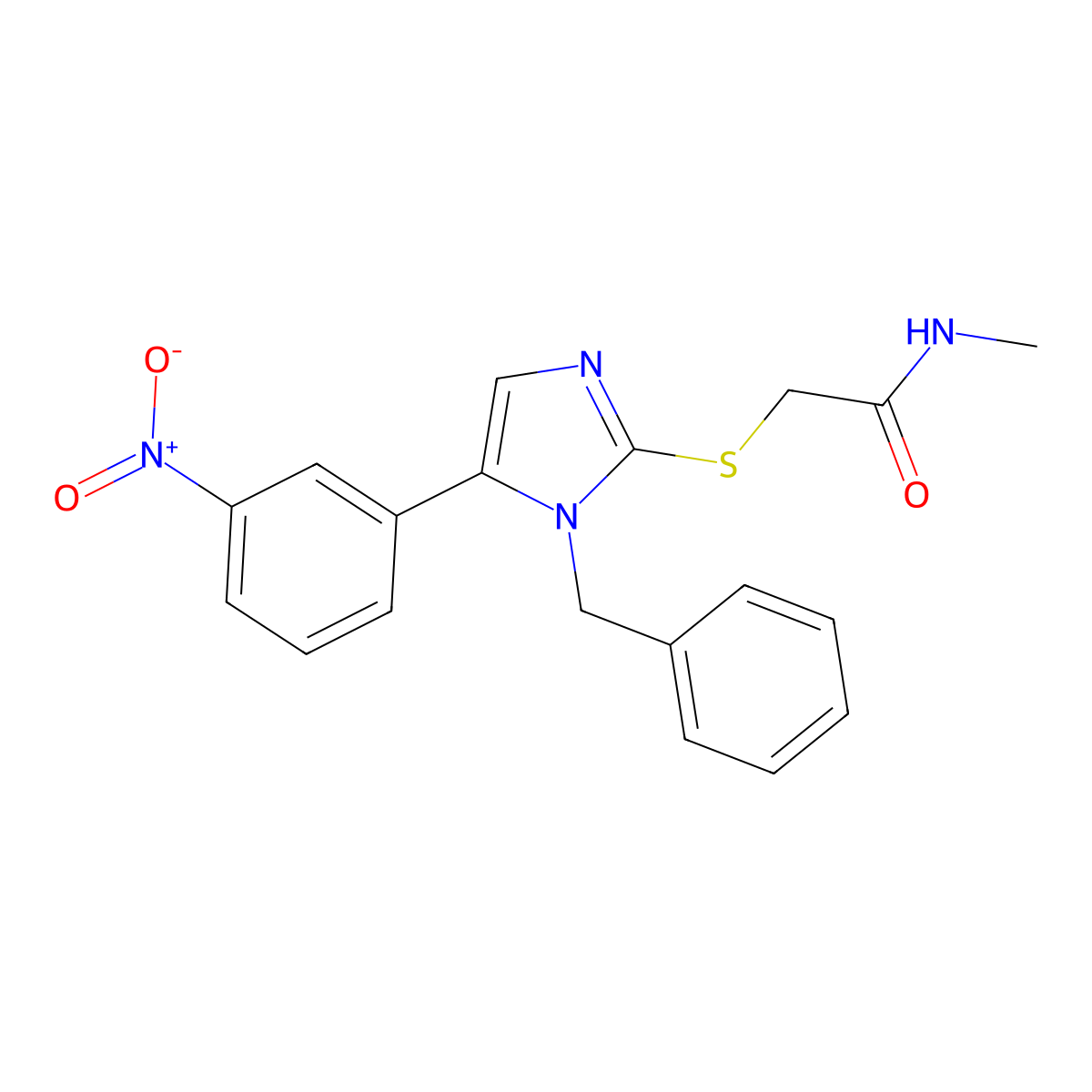2-((1-benzyl-5-(3-nitrophenyl)-1H-imidazol-2-yl)thio)-N-methylacetamide molecular structure, CAS 1234983-74-4