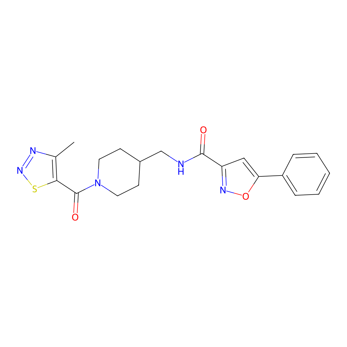 N-((1-(4-methyl-1,2,3-thiadiazole-5-carbonyl)piperidin-4-yl)methyl)-5-phenylisoxazole-3-carboxamide molecular structure, CAS 1234986-54-9