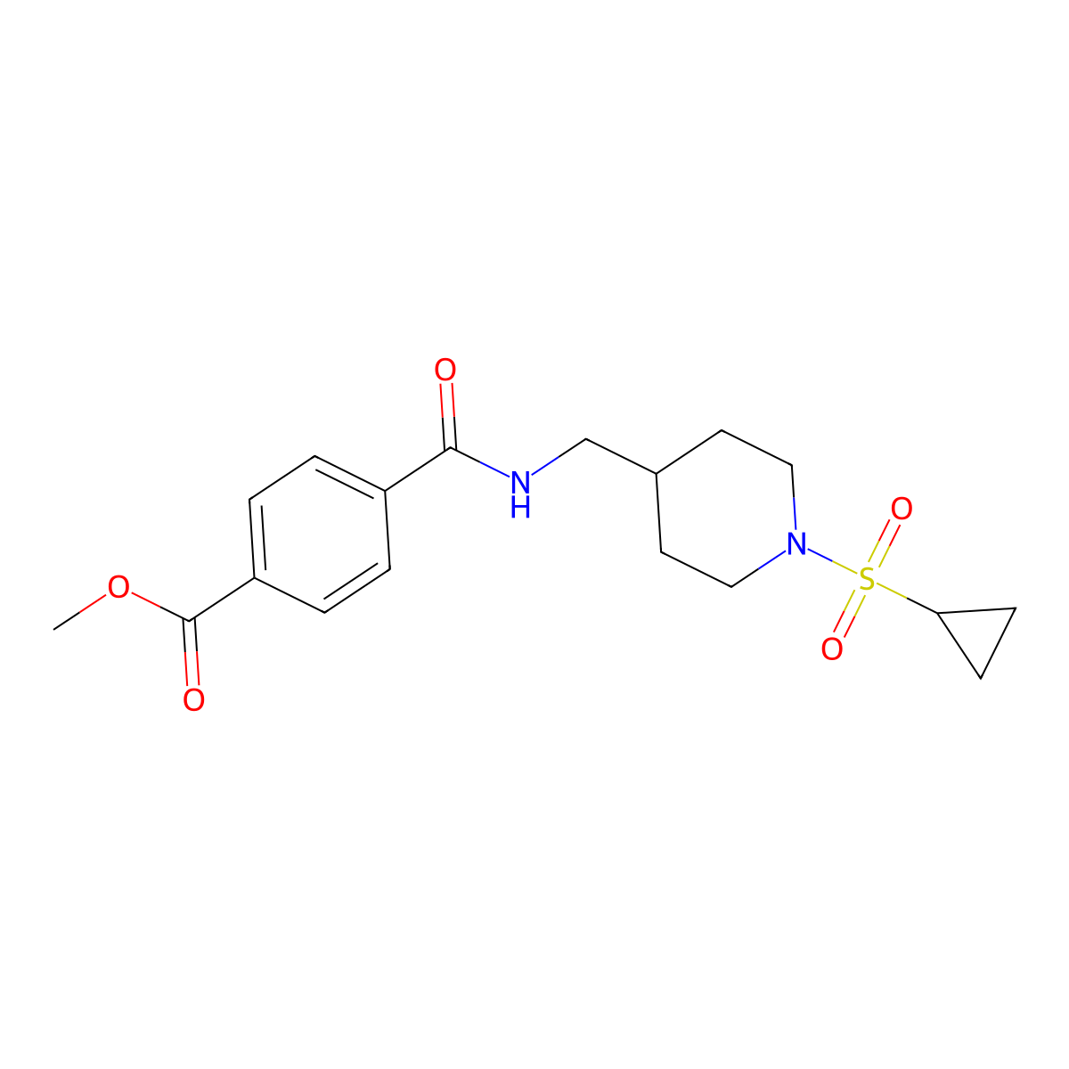 Methyl 4-(((1-(cyclopropylsulfonyl)piperidin-4-yl)methyl)carbamoyl)benzoate molecular structure, CAS 1234987-20-2