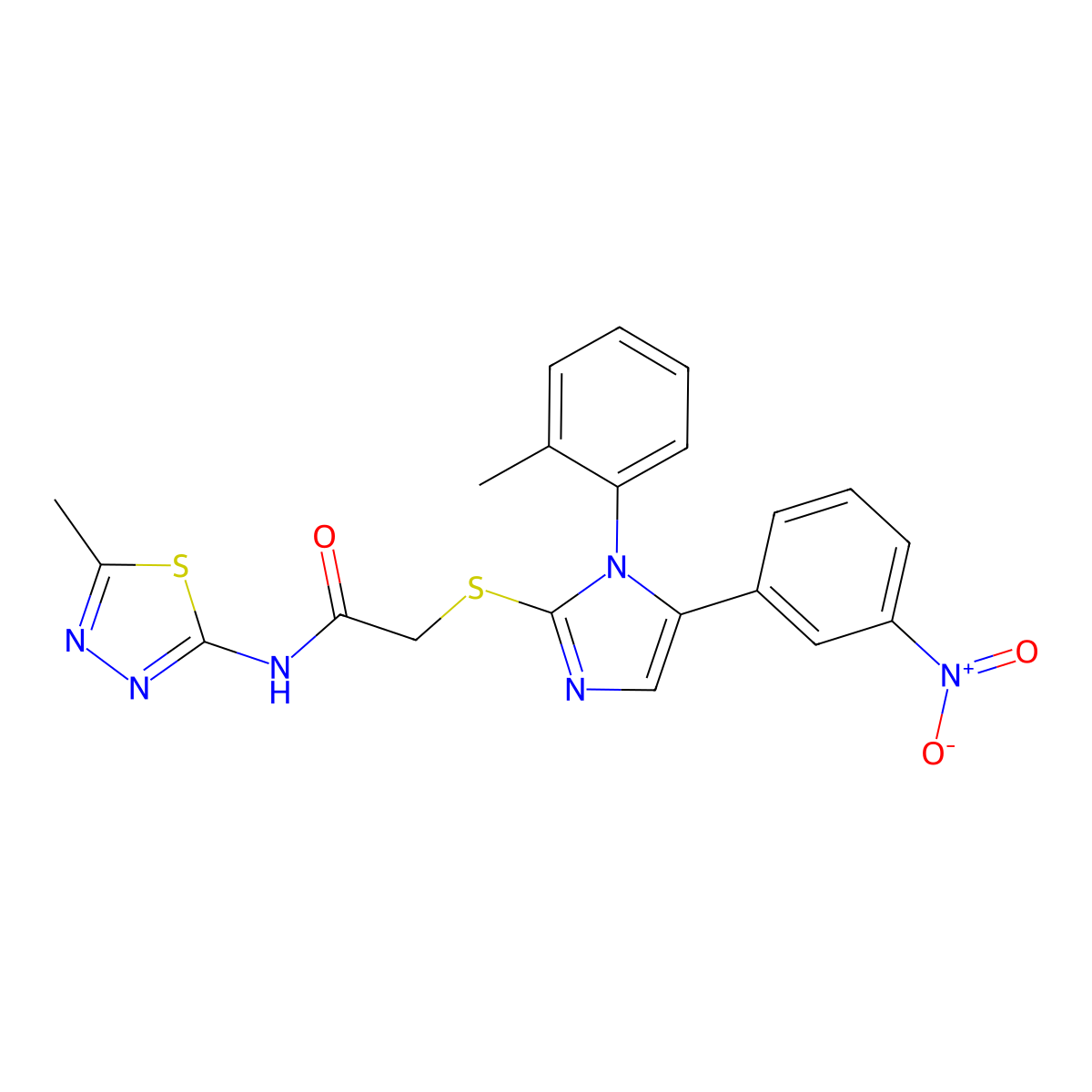 N-(5-methyl-1,3,4-thiadiazol-2-yl)-2-((5-(3-nitrophenyl)-1-(o-tolyl)-1H-imidazol-2-yl)thio)acetamide molecular structure, CAS 1234987-71-3