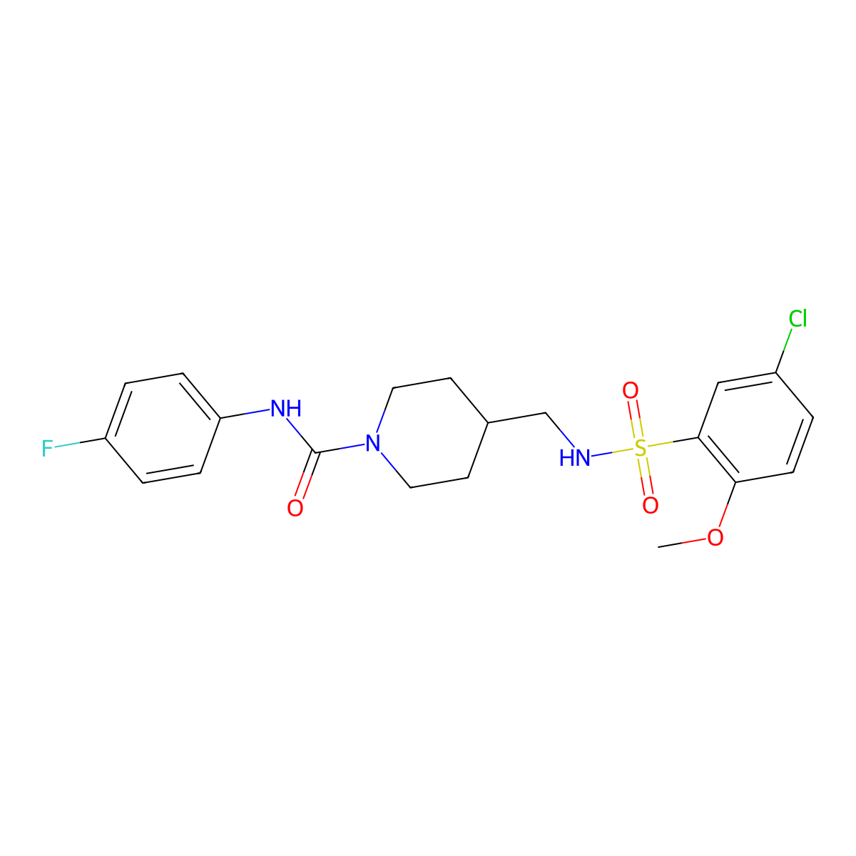4-((5-chloro-2-methoxyphenylsulfonamido)methyl)-N-(4-fluorophenyl)piperidine-1-carboxamide molecular structure, CAS 1234988-08-9