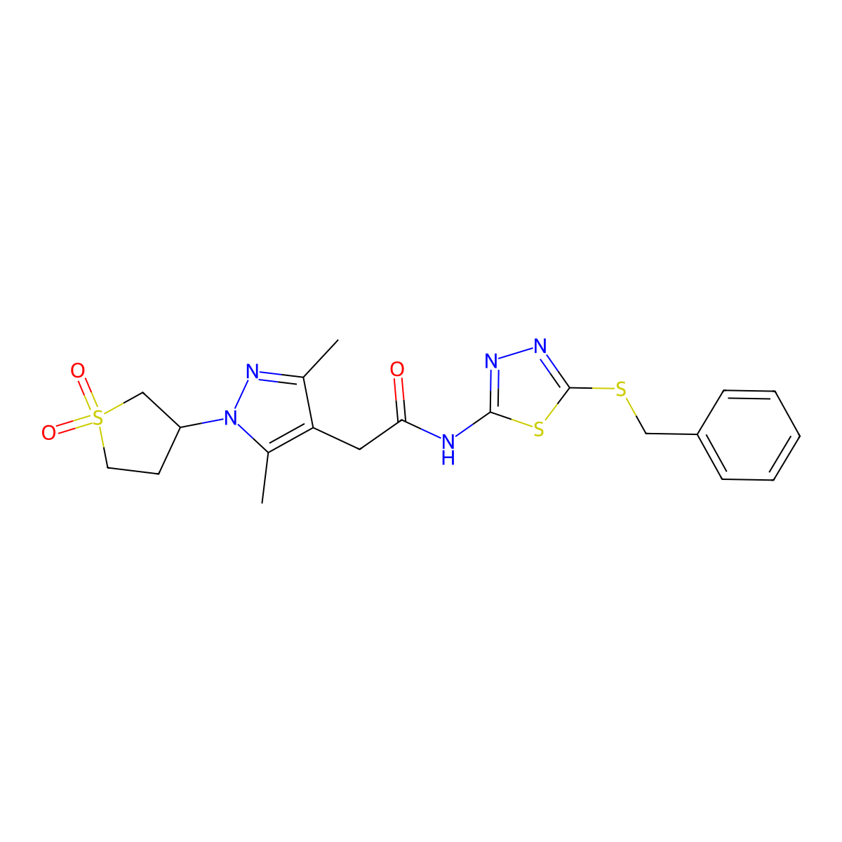 N-(5-(benzylthio)-1,3,4-thiadiazol-2-yl)-2-(1-(1,1-dioxidotetrahydrothiophen-3-yl)-3,5-dimethyl-1H-pyrazol-4-yl)acetamide molecular structure, CAS 1234989-67-3