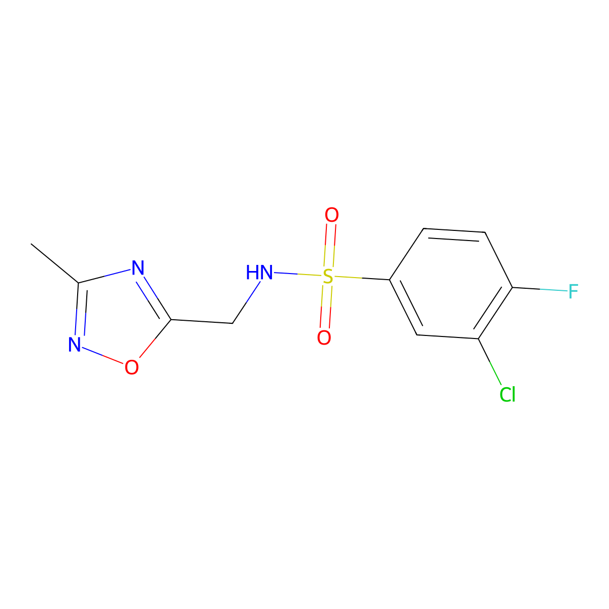 3-chloro-4-fluoro-N-((3-methyl-1,2,4-oxadiazol-5-yl)methyl)benzenesulfonamide molecular structure, CAS 1234990-70-5