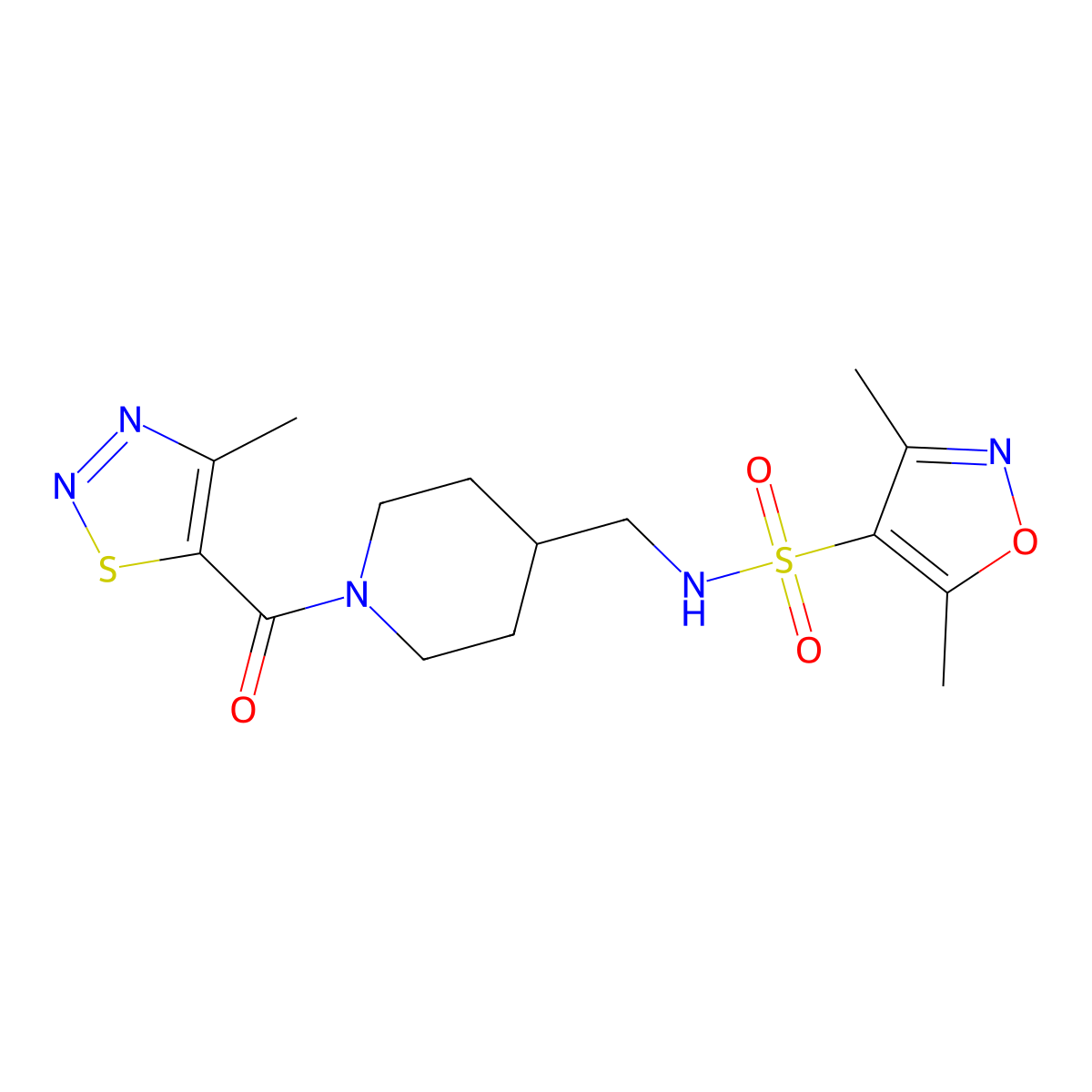 3,5-dimethyl-N-((1-(4-methyl-1,2,3-thiadiazole-5-carbonyl)piperidin-4-yl)methyl)isoxazole-4-sulfonamide molecular structure, CAS 1234991-15-1