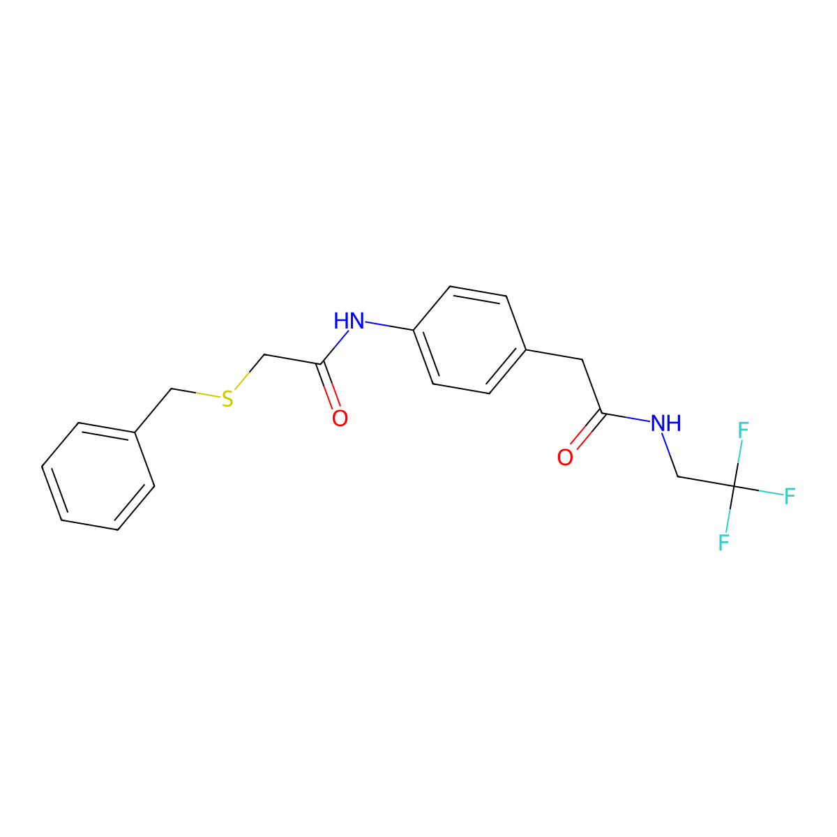 2-(benzylthio)-N-(4-(2-oxo-2-((2,2,2-trifluoroethyl)amino)ethyl)phenyl)acetamide molecular structure, CAS 1234993-66-8