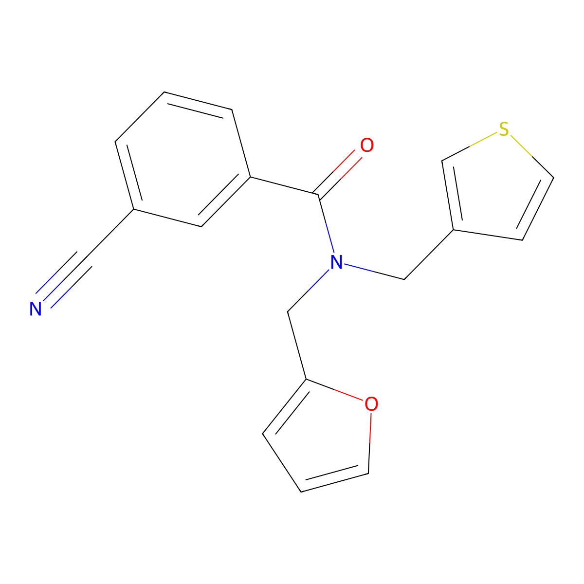 3-cyano-N-(furan-2-ylmethyl)-N-(thiophen-3-ylmethyl)benzamide molecular structure, CAS 1234997-46-6