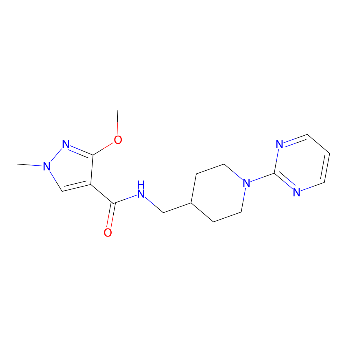 3-methoxy-1-methyl-N-{[1-(pyrimidin-2-yl)piperidin-4-yl]methyl}-1H-pyrazole-4-carboxamide molecular structure, CAS 1234998-08-3