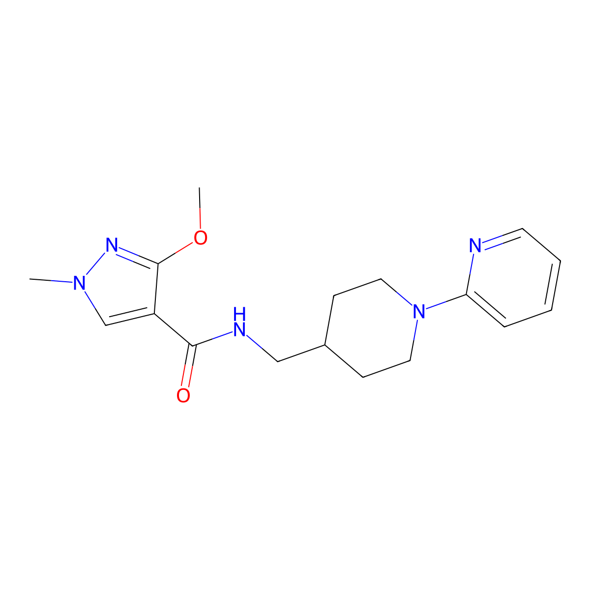 3-methoxy-1-methyl-N-{[1-(pyridin-2-yl)piperidin-4-yl]methyl}-1H-pyrazole-4-carboxamide molecular structure, CAS 1234998-87-8
