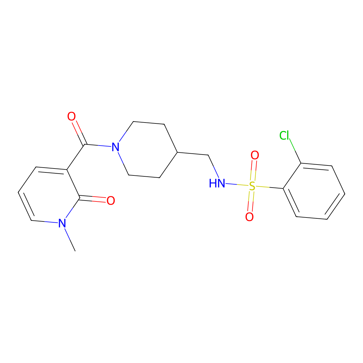 2-chloro-N-((1-(1-methyl-2-oxo-1,2-dihydropyridine-3-carbonyl)piperidin-4-yl)methyl)benzenesulfonamide molecular structure, CAS 1234999-54-2