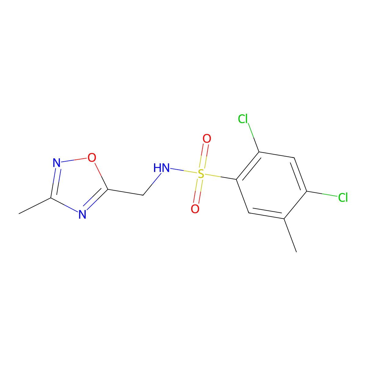 2,4-dichloro-5-methyl-N-((3-methyl-1,2,4-oxadiazol-5-yl)methyl)benzenesulfonamide molecular structure, CAS 1235001-20-3