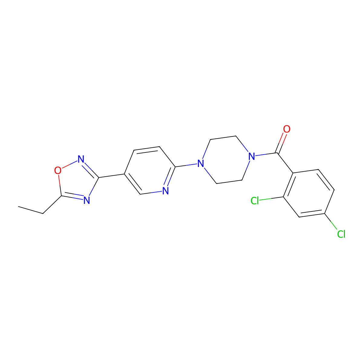(2,4-Dichlorophenyl)(4-(5-(5-ethyl-1,2,4-oxadiazol-3-yl)pyridin-2-yl)piperazin-1-yl)methanone molecular structure, CAS 1235002-20-6