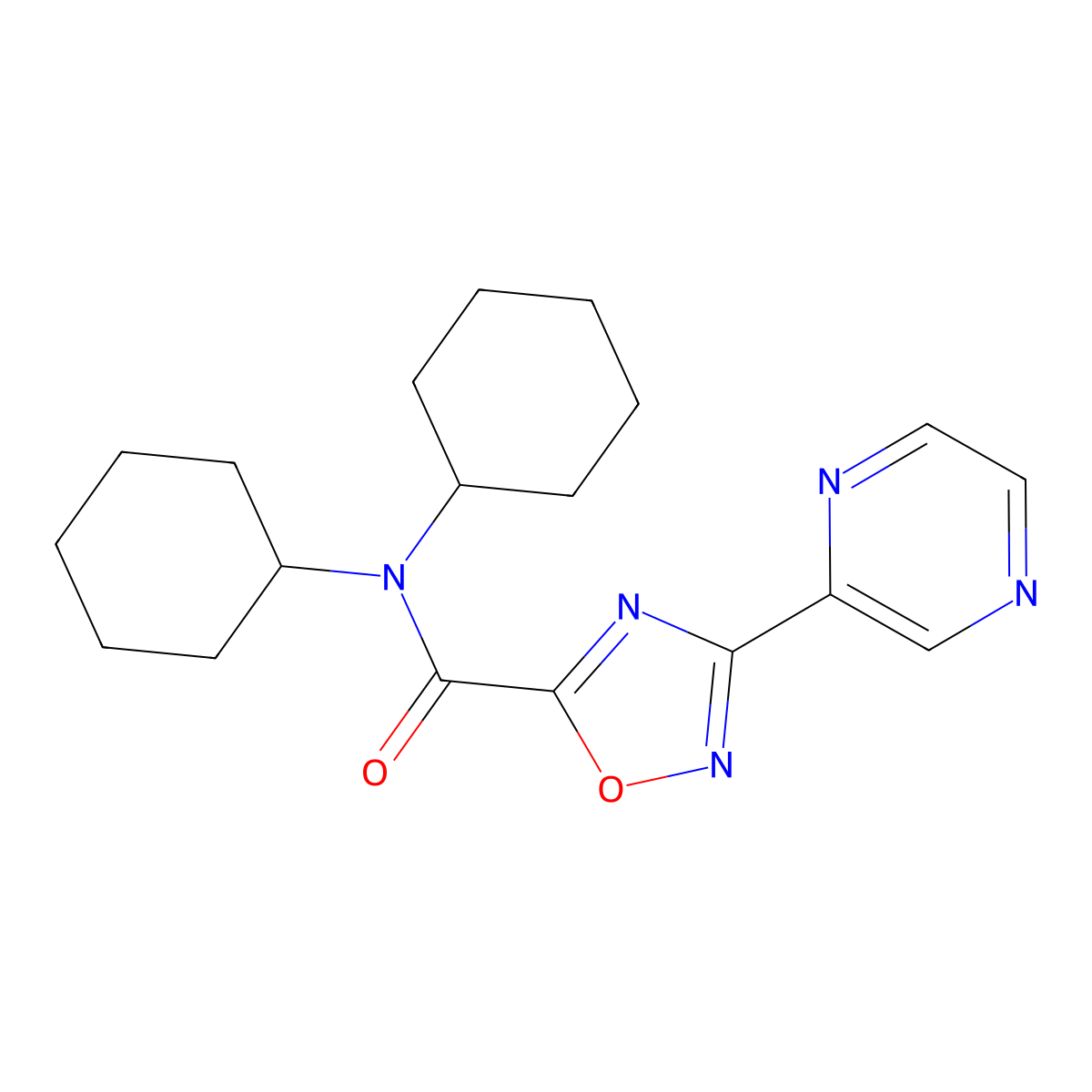 N,N-dicyclohexyl-3-(pyrazin-2-yl)-1,2,4-oxadiazole-5-carboxamide molecular structure, CAS 1235003-07-2
