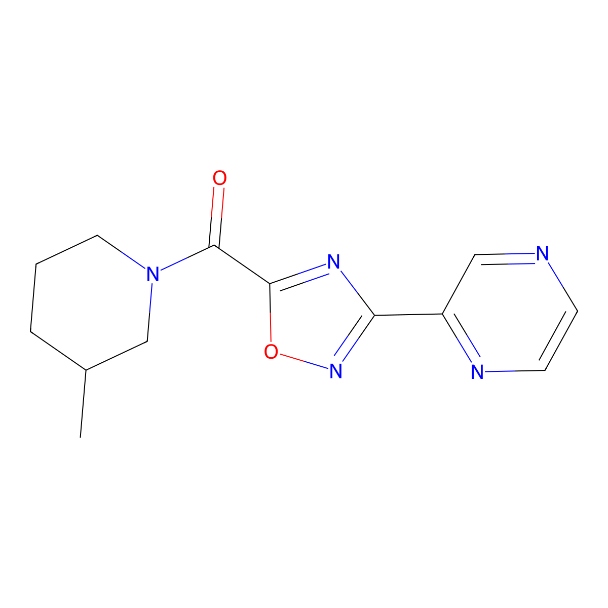 (3-Methylpiperidin-1-yl)(3-(pyrazin-2-yl)-1,2,4-oxadiazol-5-yl)methanone molecular structure, CAS 1235003-72-1