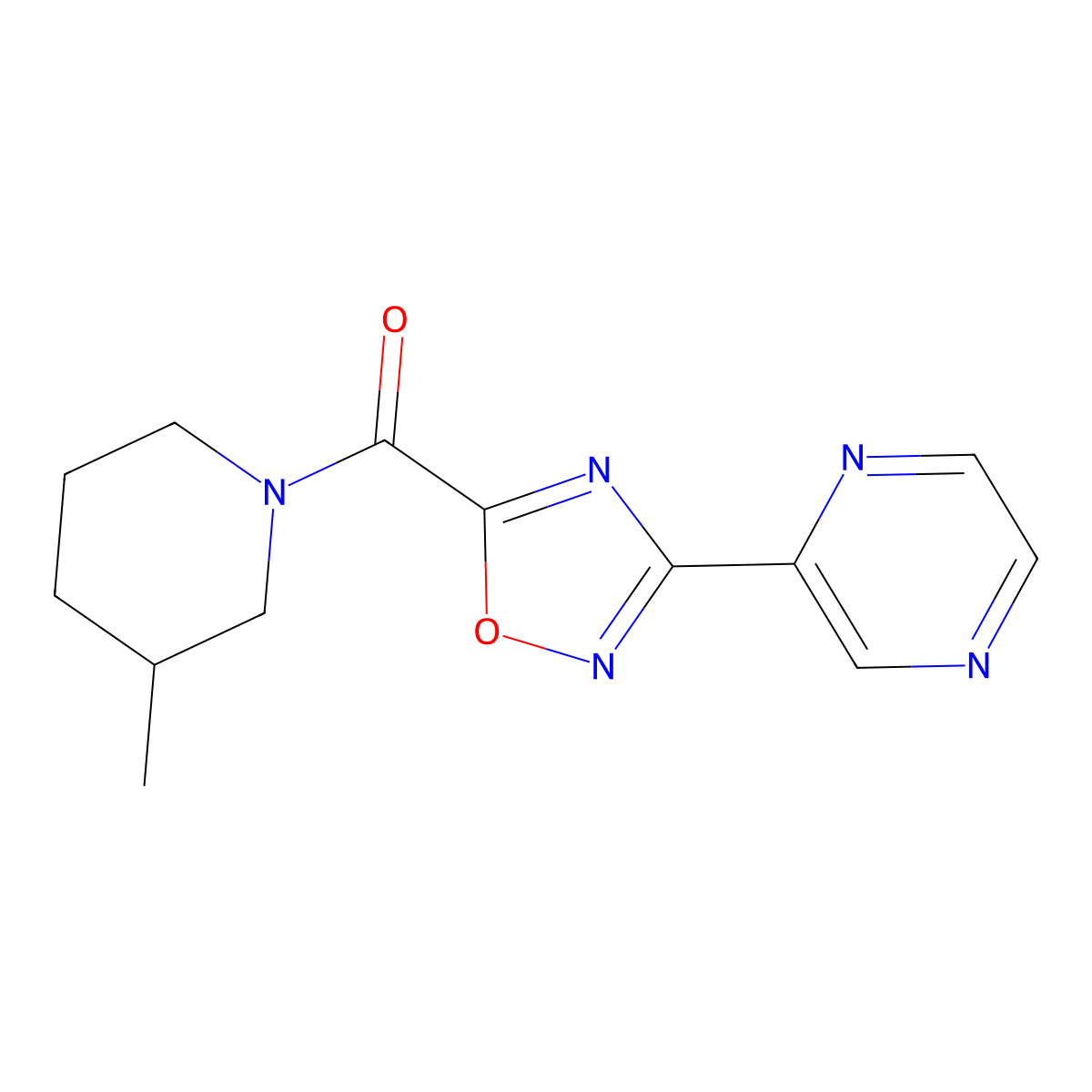(3-Methylpiperidin-1-yl)(3-(pyrazin-2-yl)-1,2,4-oxadiazol-5-yl)methanone molecular structure, CAS 1235003-72-1
