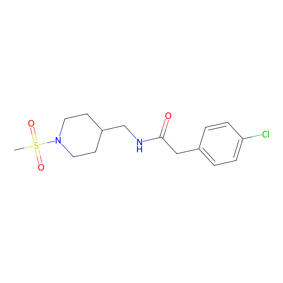2-(4-chlorophenyl)-N-((1-(methylsulfonyl)piperidin-4-yl)methyl)acetamide molecular structure, CAS 1235004-36-0