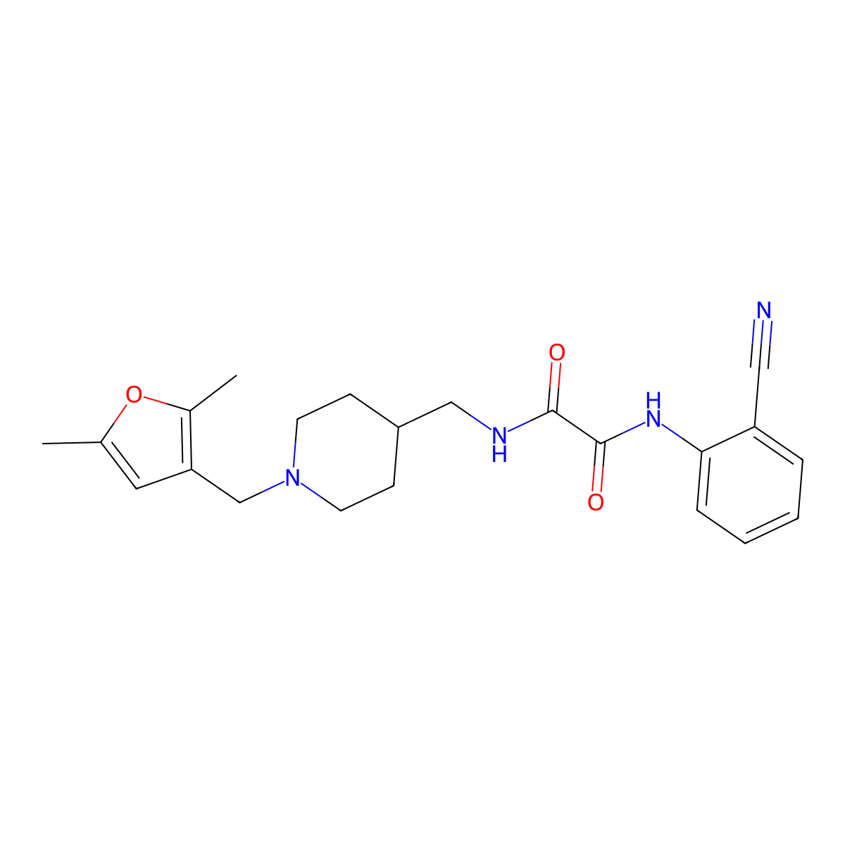 N1-(2-cyanophenyl)-N2-((1-((2,5-dimethylfuran-3-yl)methyl)piperidin-4-yl)methyl)oxalamide molecular structure, CAS 1235005-25-0